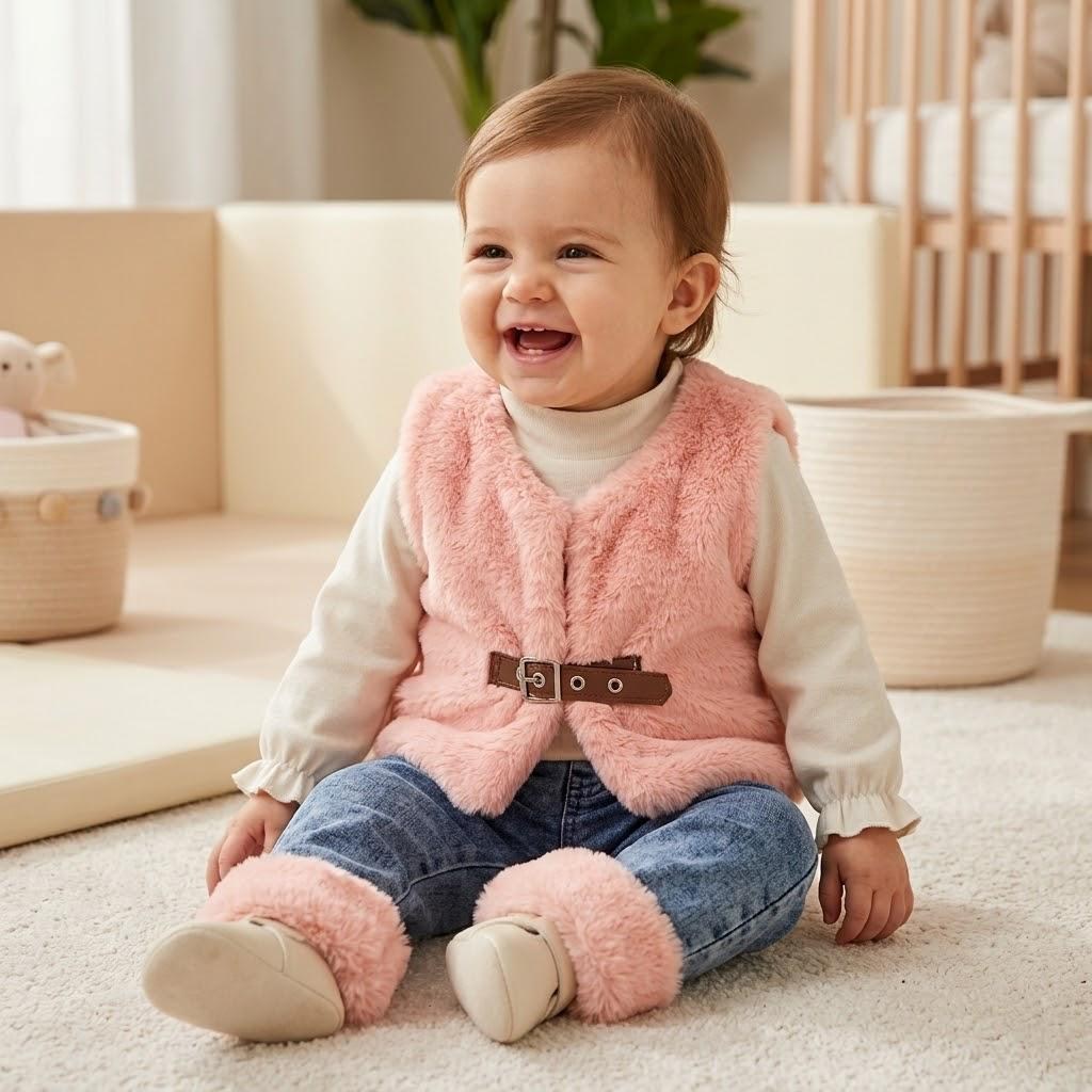Peluş Yelekli Kemer Detaylı 3'lü Takım