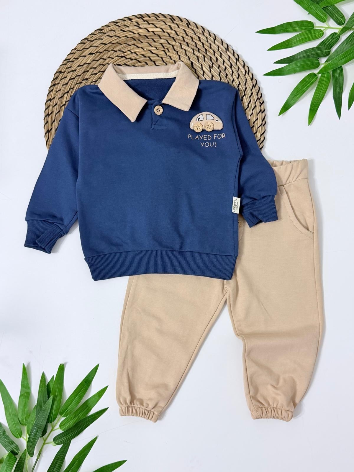 Polo Yaka Araba Oyuncaklı Oversize Geniş Kalıp 2li Erkek Bebek/Çocuk Takım