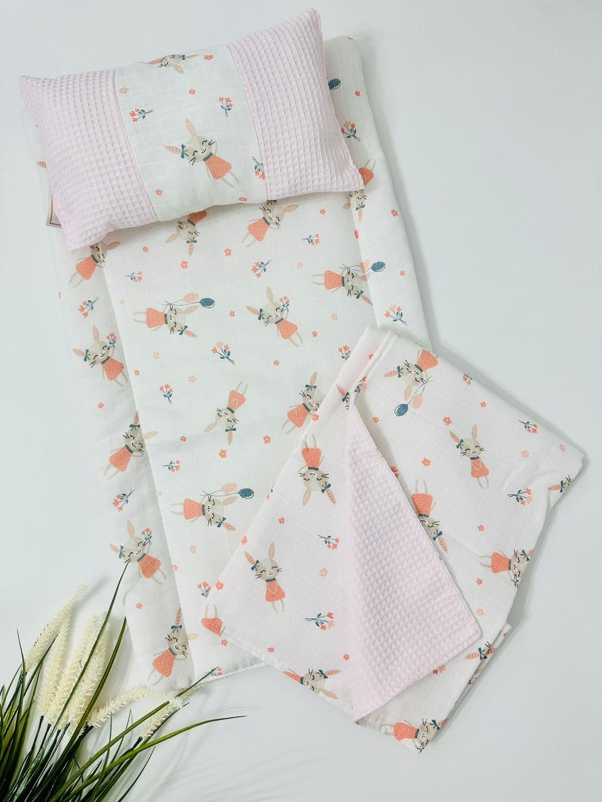 Safari 90x100 Çift Katlı Pikeli Müslin Battaniye ve Alt Açma 3 lü set-Pembe
