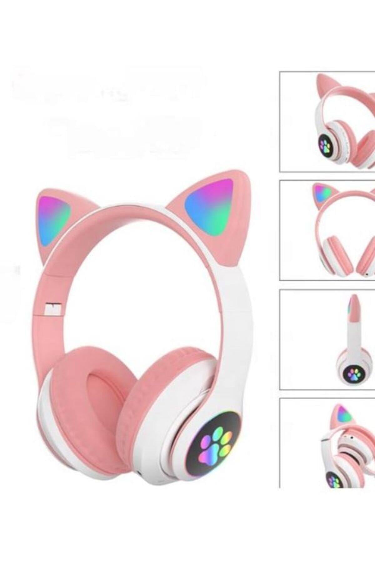 Pembe Bluetooth 5.0 Mikrofonlu Kablosuz Kulaklık Yüksek Ses Akıllı Led Işıklı Kedi Patili Rgb