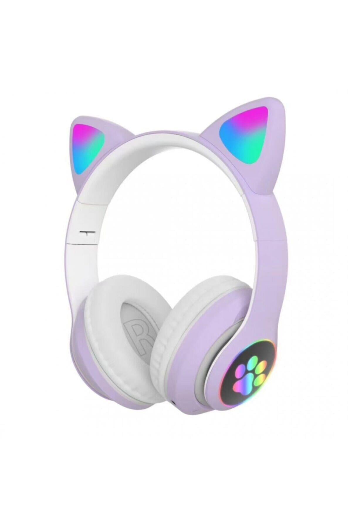 Pembe Bluetooth 5.0 Mikrofonlu Kablosuz Kulaklık Yüksek Ses Akıllı Led Işıklı Kedi Patili Rgb