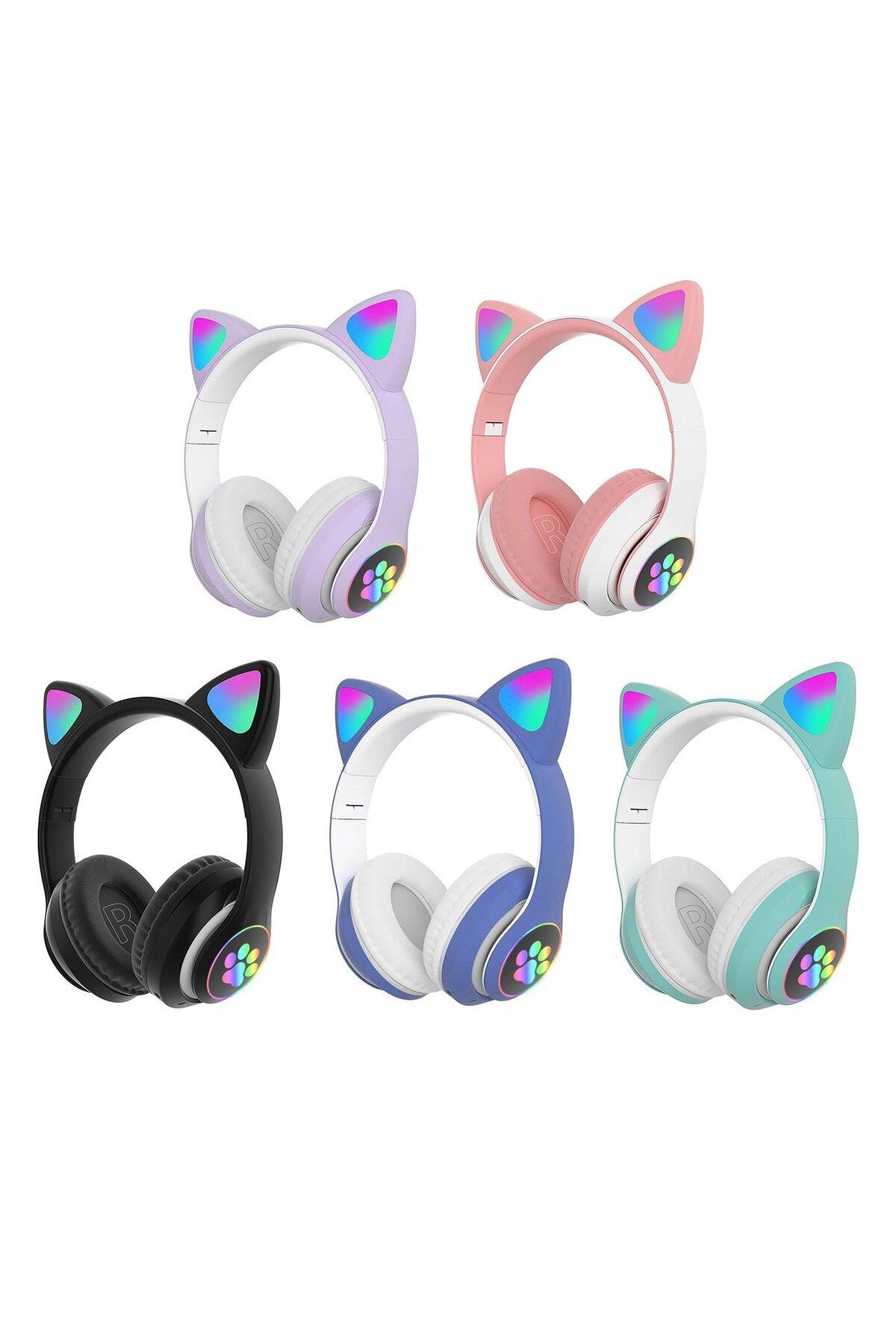 Pembe Bluetooth 5.0 Mikrofonlu Kablosuz Kulaklık Yüksek Ses Akıllı Led Işıklı Kedi Patili Rgb