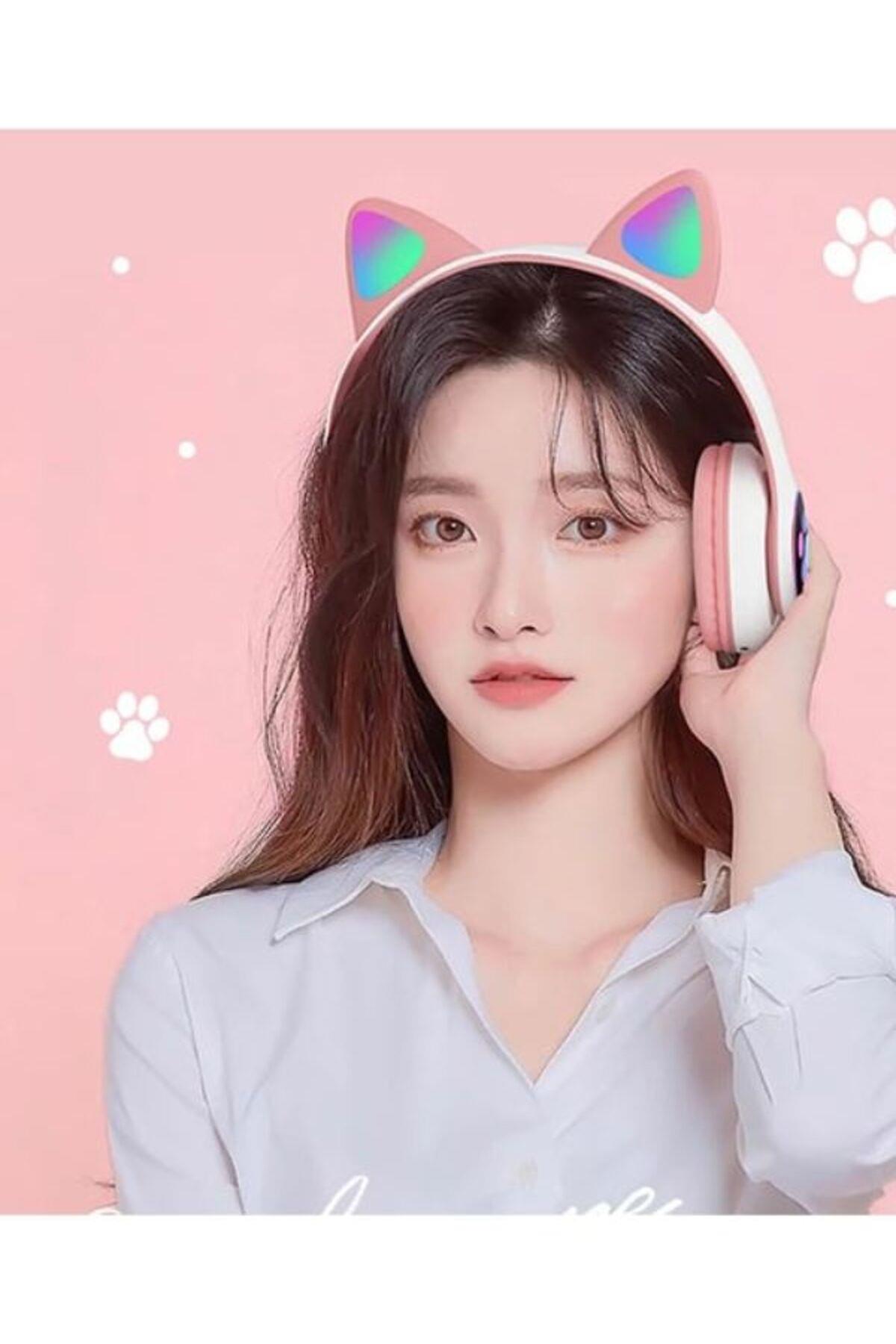 Pembe Bluetooth 5.0 Mikrofonlu Kablosuz Kulaklık Yüksek Ses Akıllı Led Işıklı Kedi Patili Rgb
