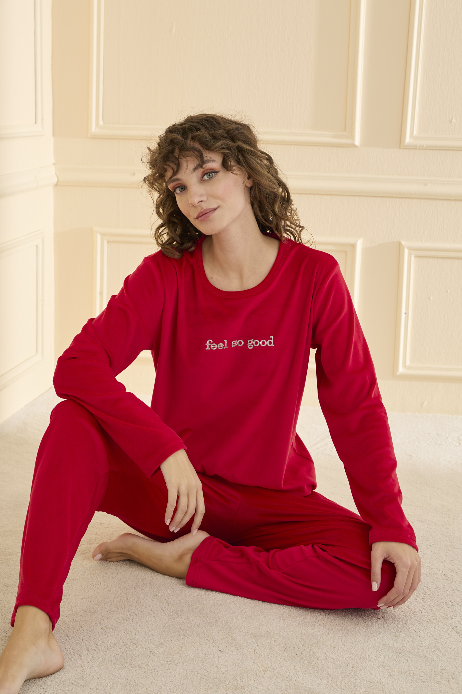 13166-3014 MİHRA KADİFE KIRMIZI PİJAMA 699