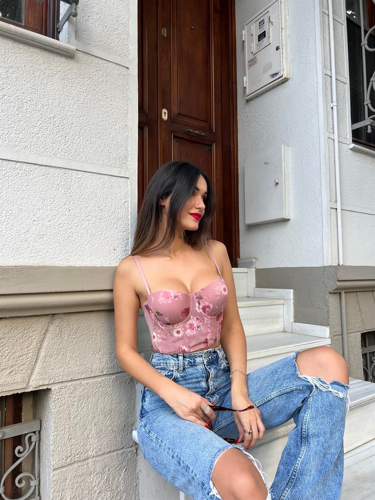 Baskılı Korseli Pudra Sütyen Takımı(677)