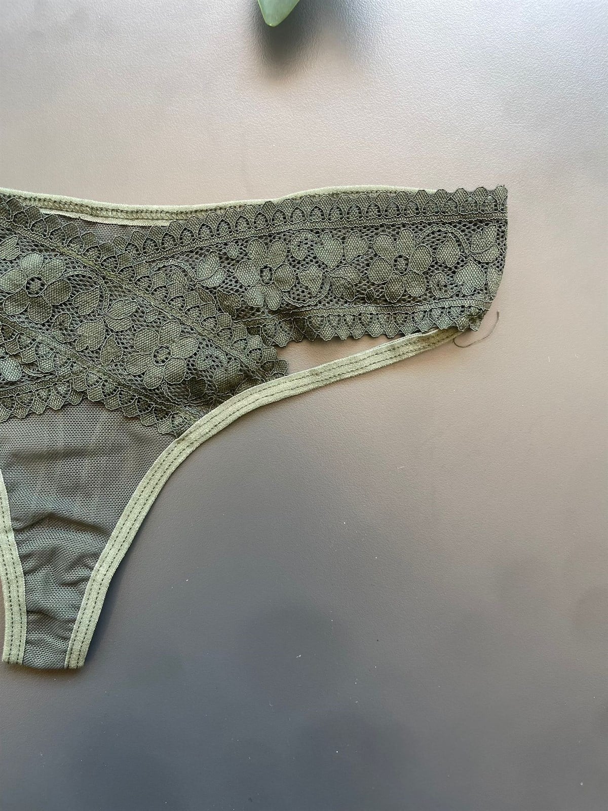 Çapraz Dantelli Tül Haki Tanga (4556)