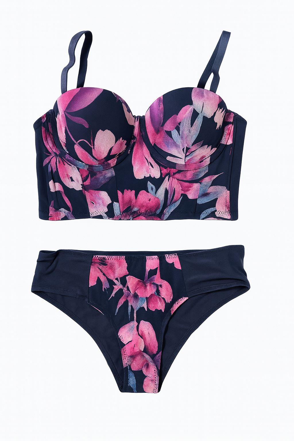 Çiçekli Destekli Lacivert Bustiyer Takımı(677)