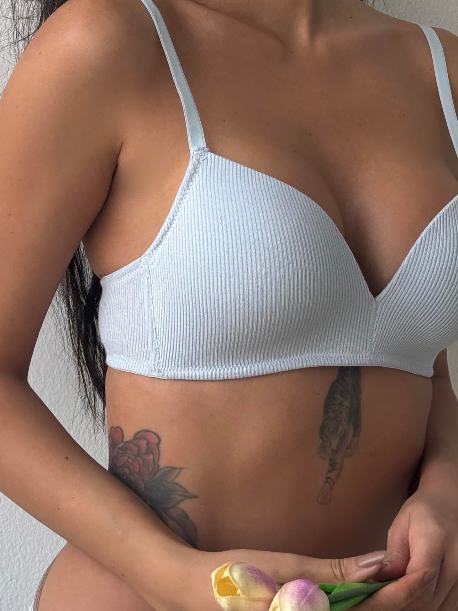 Çizgili Desteksiz Kapsız Balensiz Bebe Mavi Sütyen Takımı (701T)