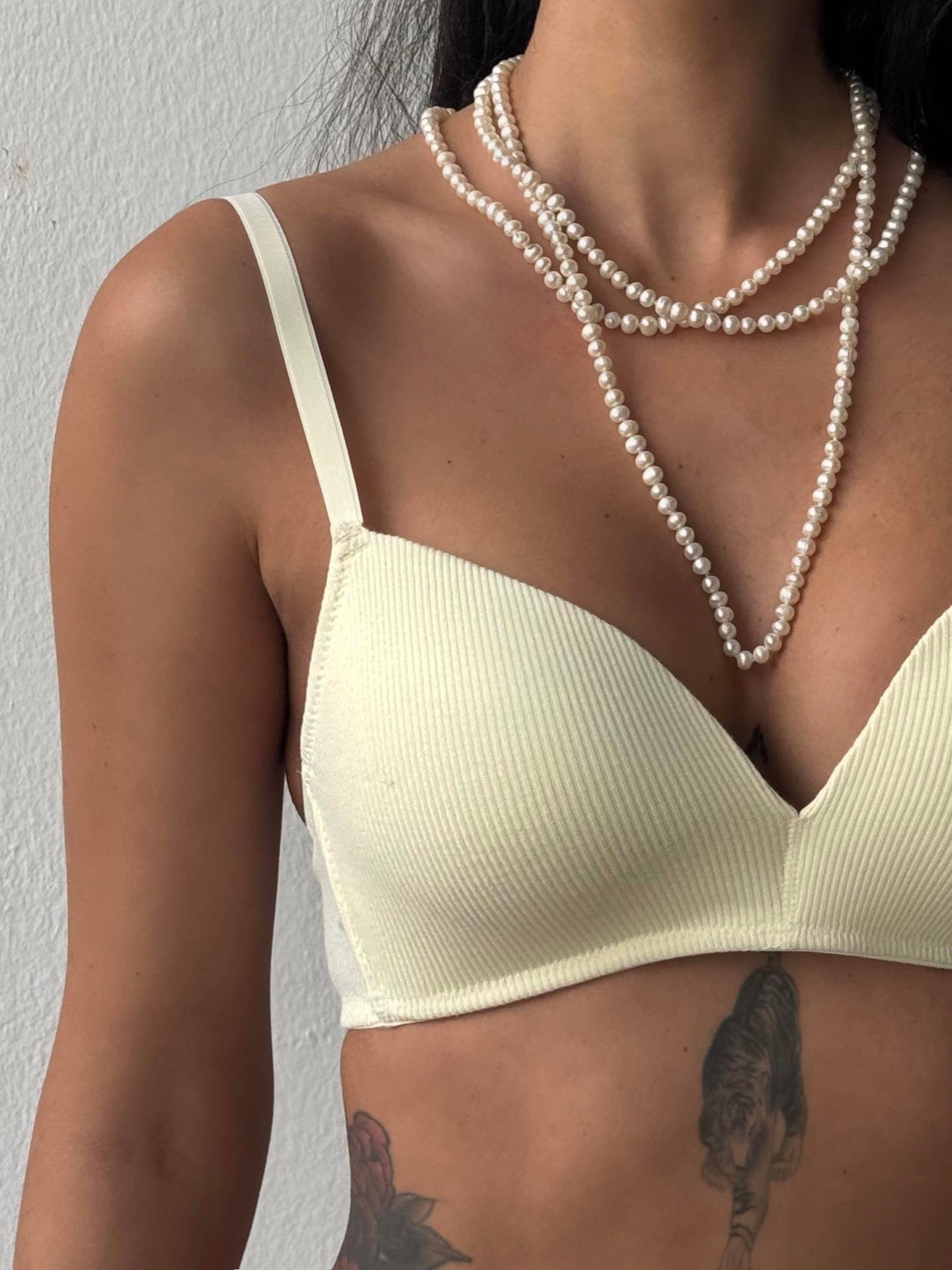 Çizgili Desteksiz Kapsız Balensiz Ekru Sütyen Takımı (701T)