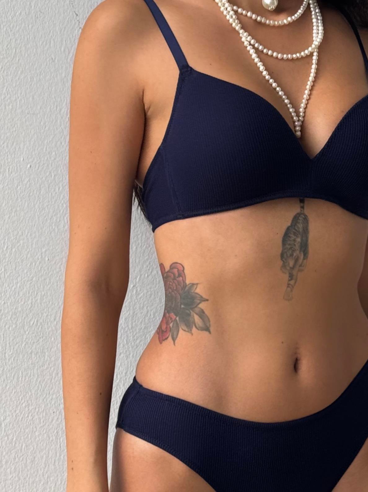 Çizgili Desteksiz Kapsız Balensiz Lacivert Sütyen Takımı (701T)