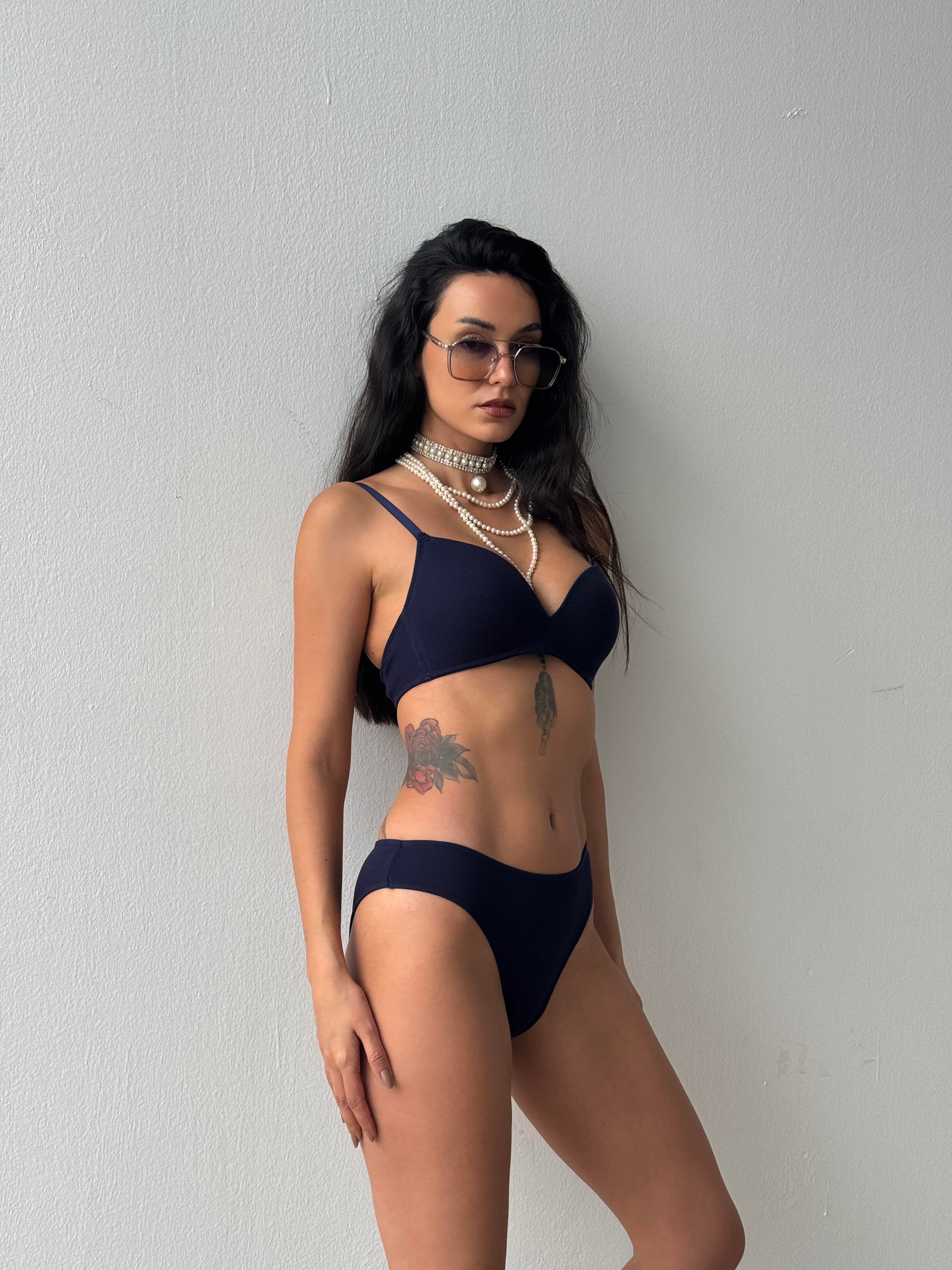 Çizgili Desteksiz Kapsız Balensiz Lacivert Sütyen Takımı (701T)