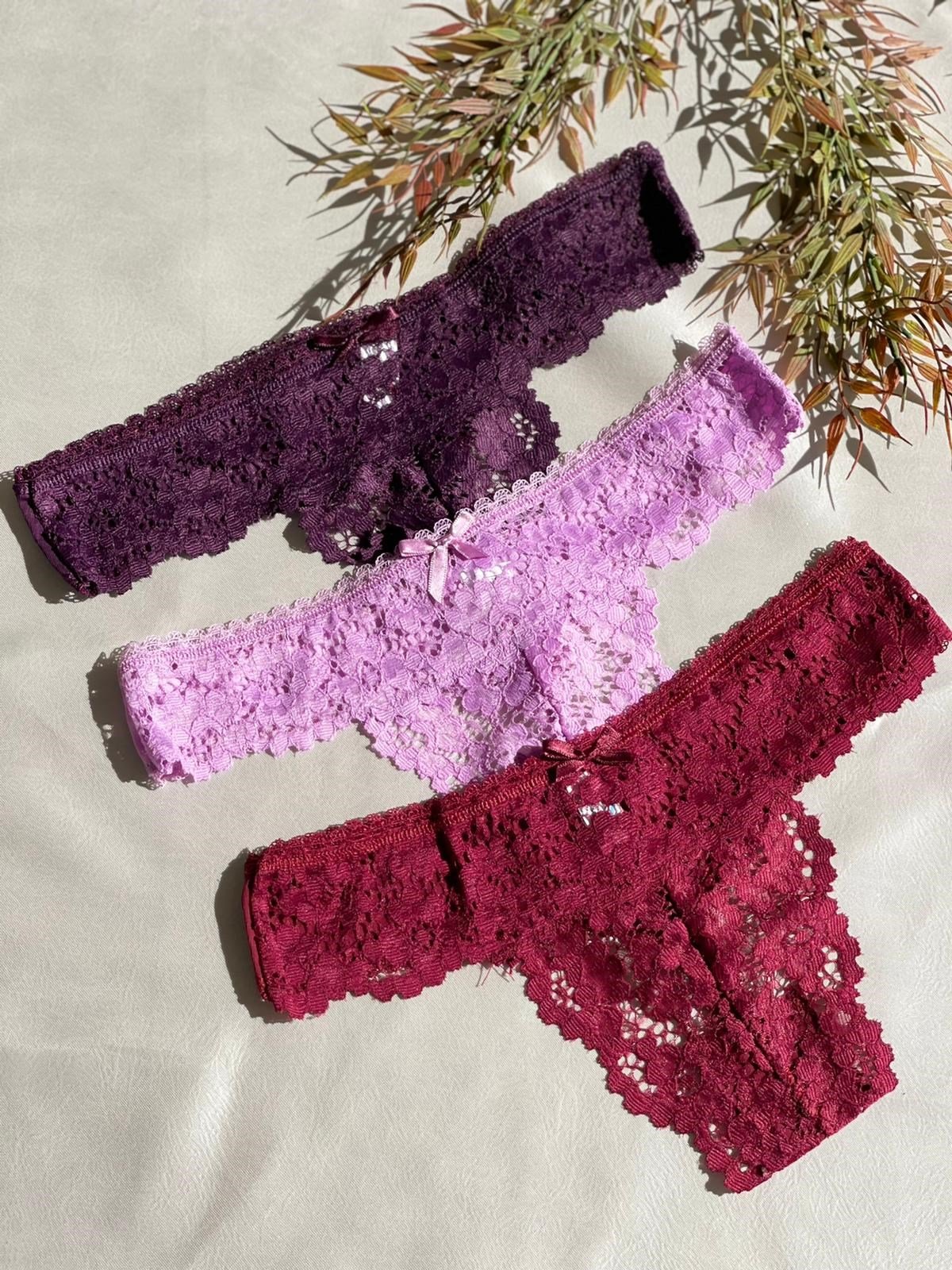 Dantelli Kadın Tanga (Pudra Bordo Mor)