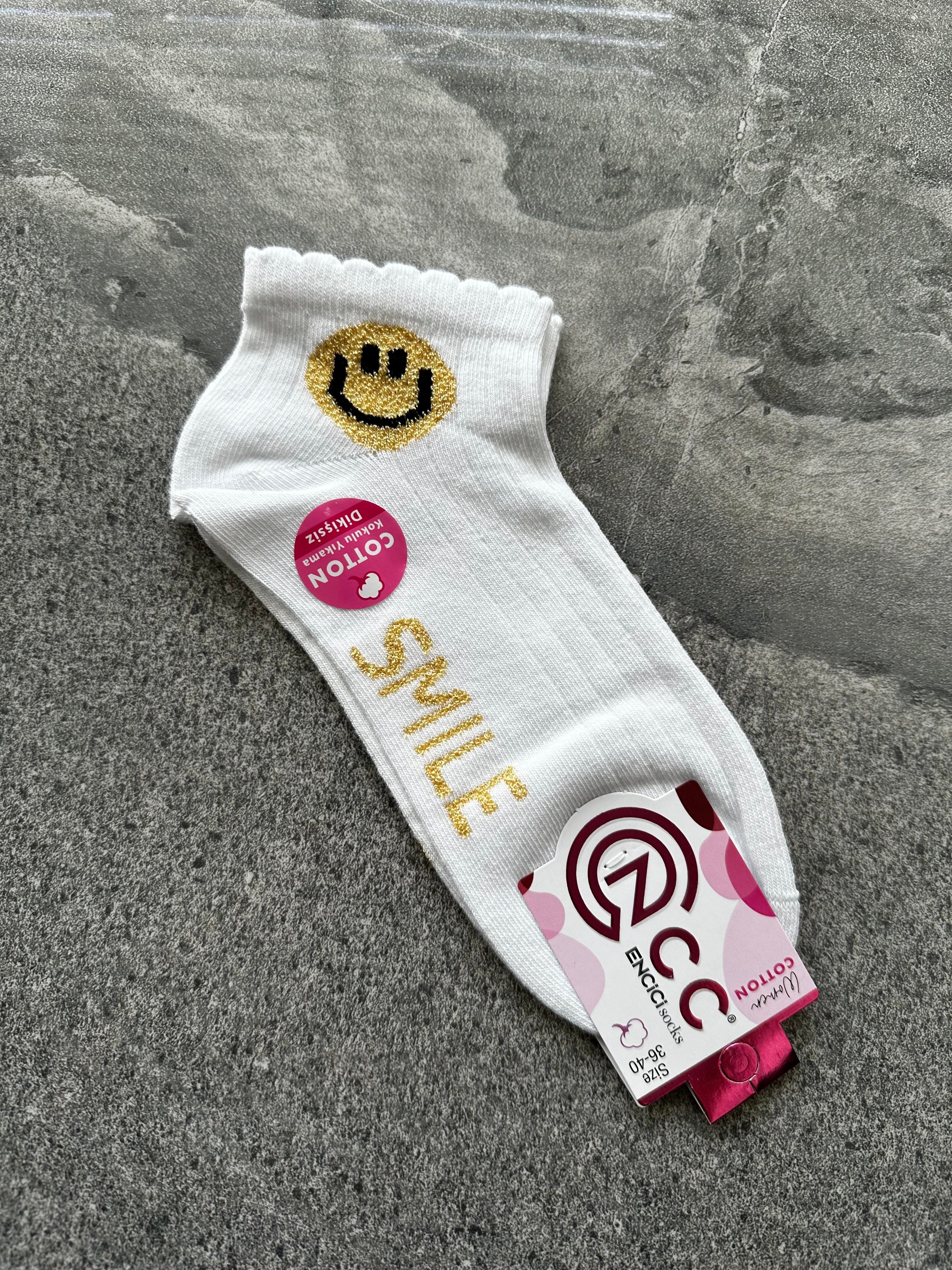 Gülen Emojili Beyaz Bayan Patik (1001-2)