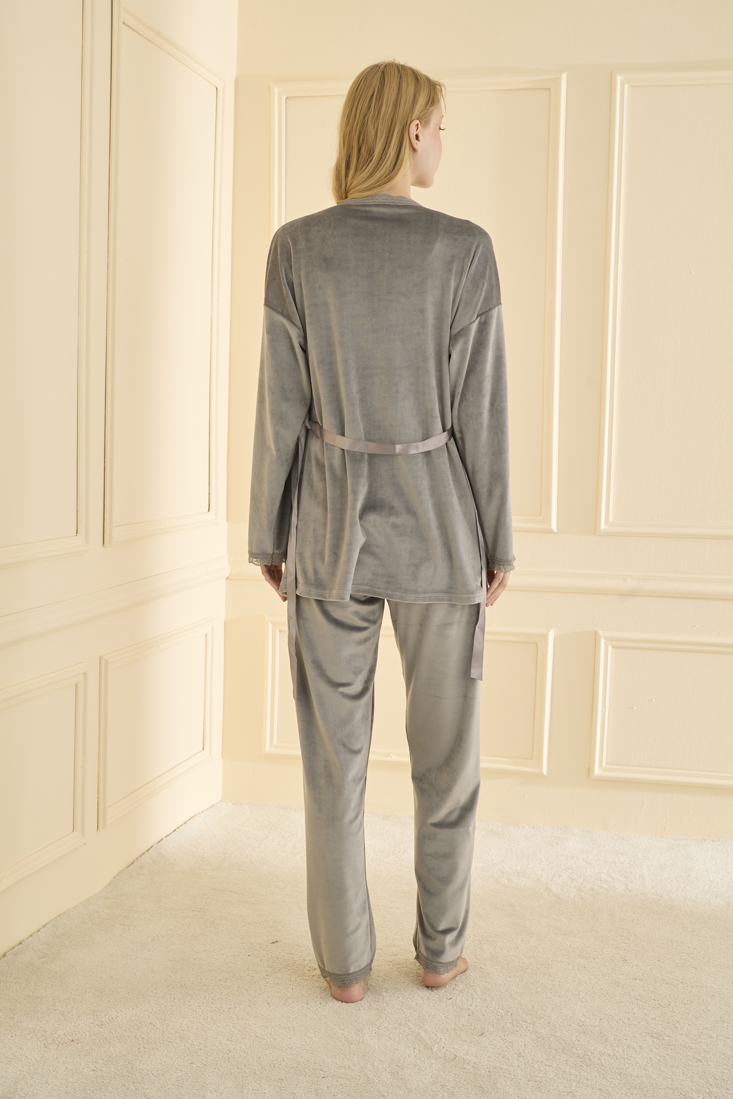 Kadife Gri 3'lü Pijama Takımı