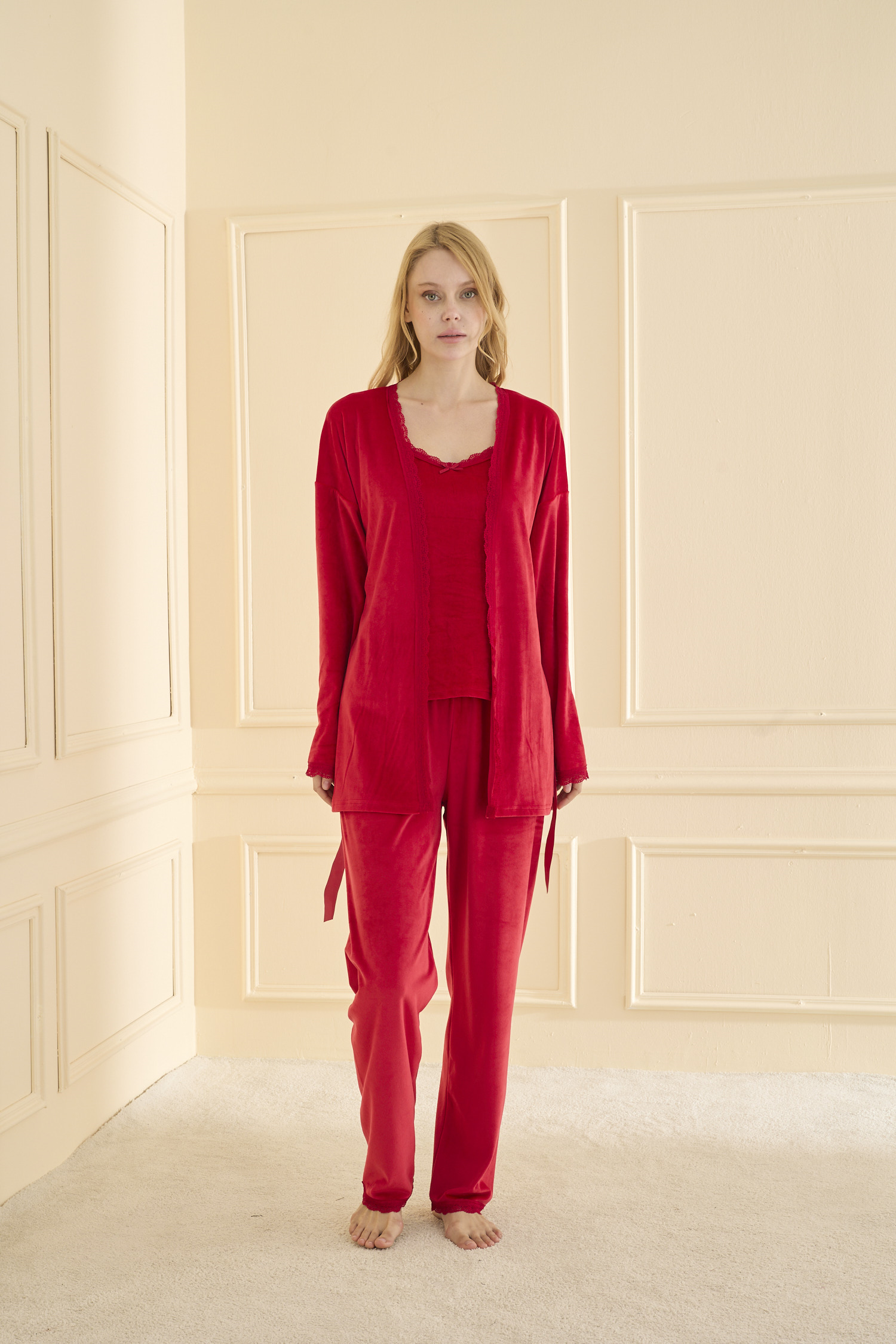 Kadife Kırmızı 3'lü Pijama Takımı