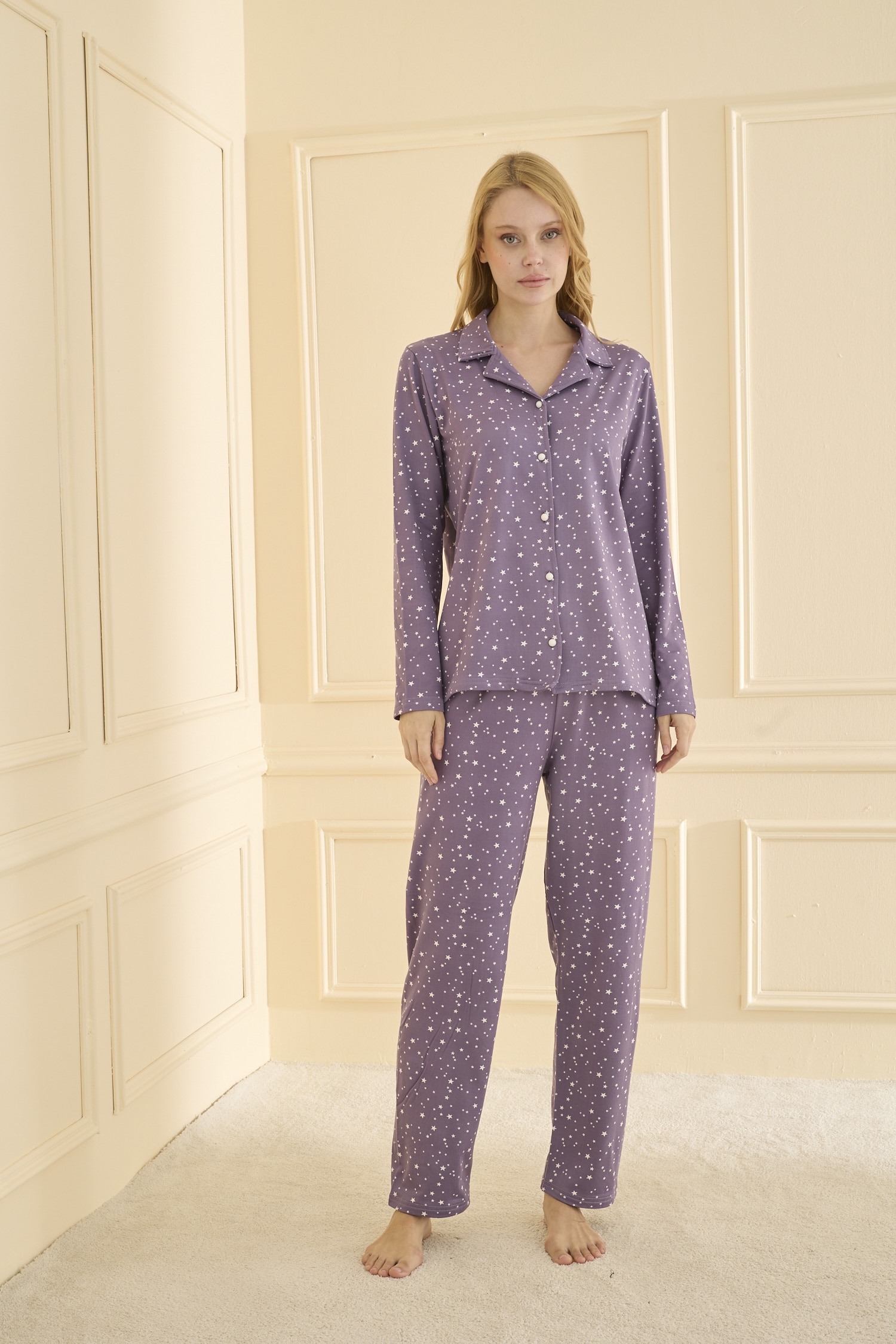 Önden Düğmeli Lila  Pijama Takımı 19103