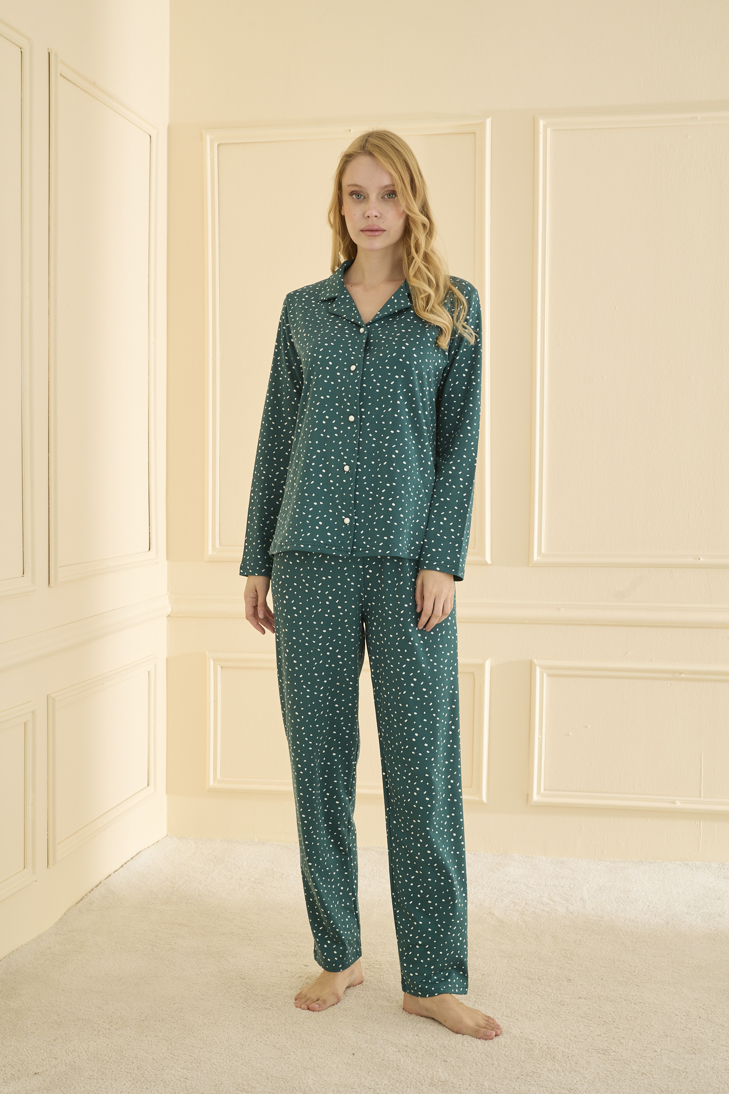 Önden Düğmeli Yeşil Pijama Takımı 19103