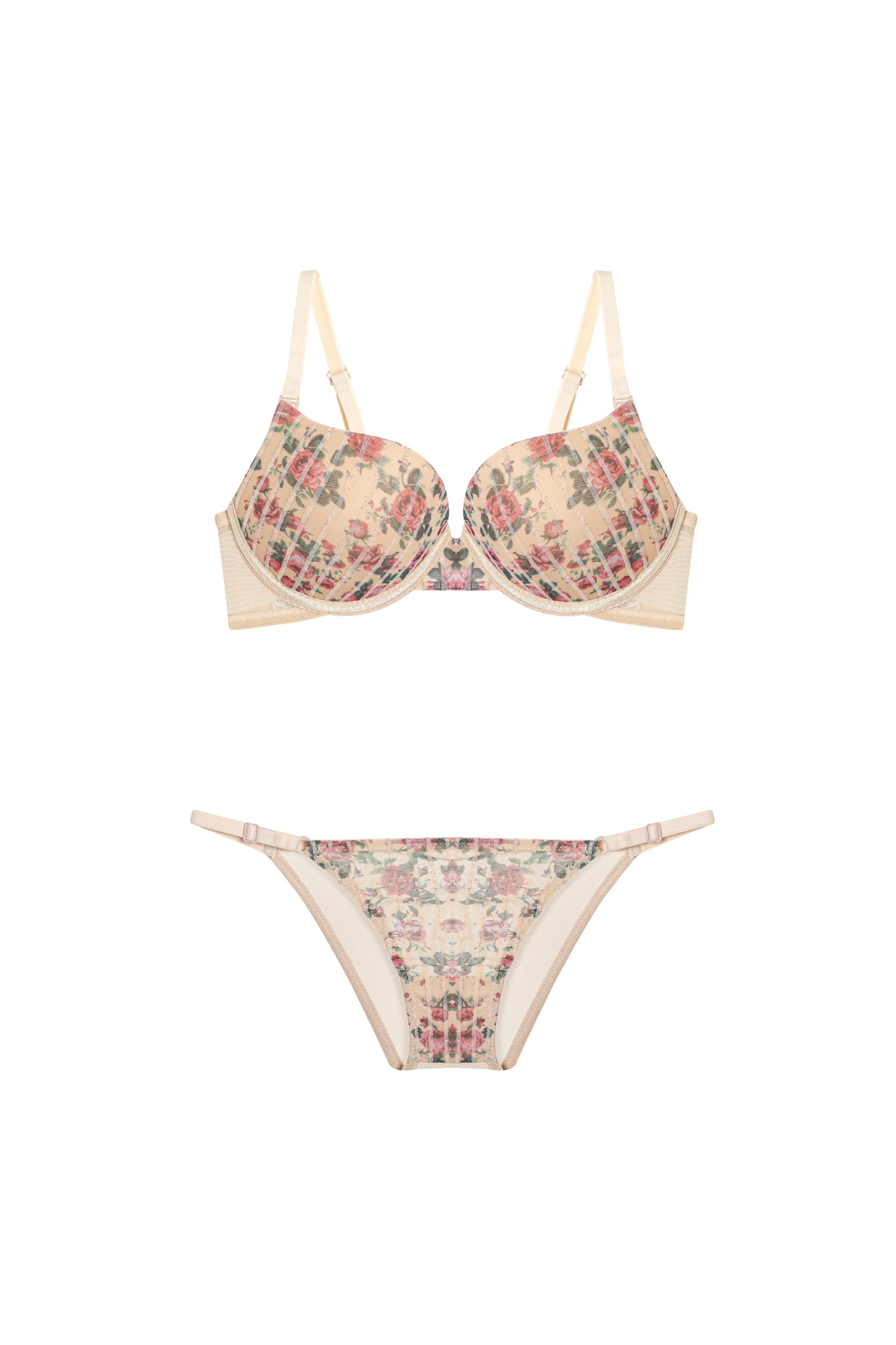 Simli Çiçek Desenli Destekli Ten Sütyen Takımı (683T)