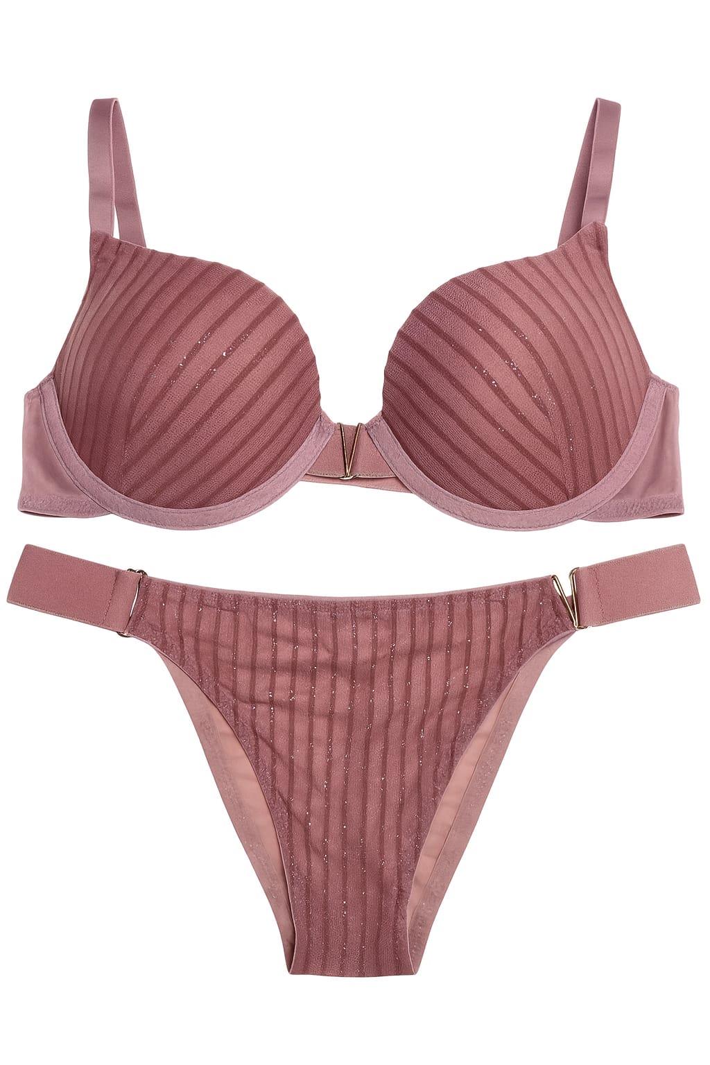 Simli V Detaylı Soft Pudra Sütyen Takımı (631T)