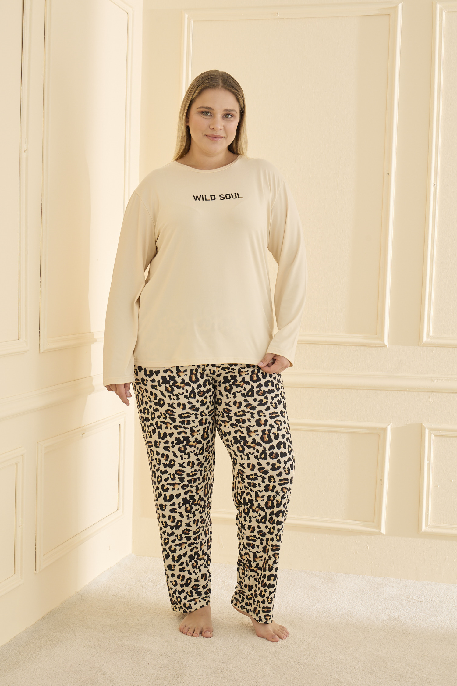 Uzun Kol Battal Ekru Pijama Takımı 50802