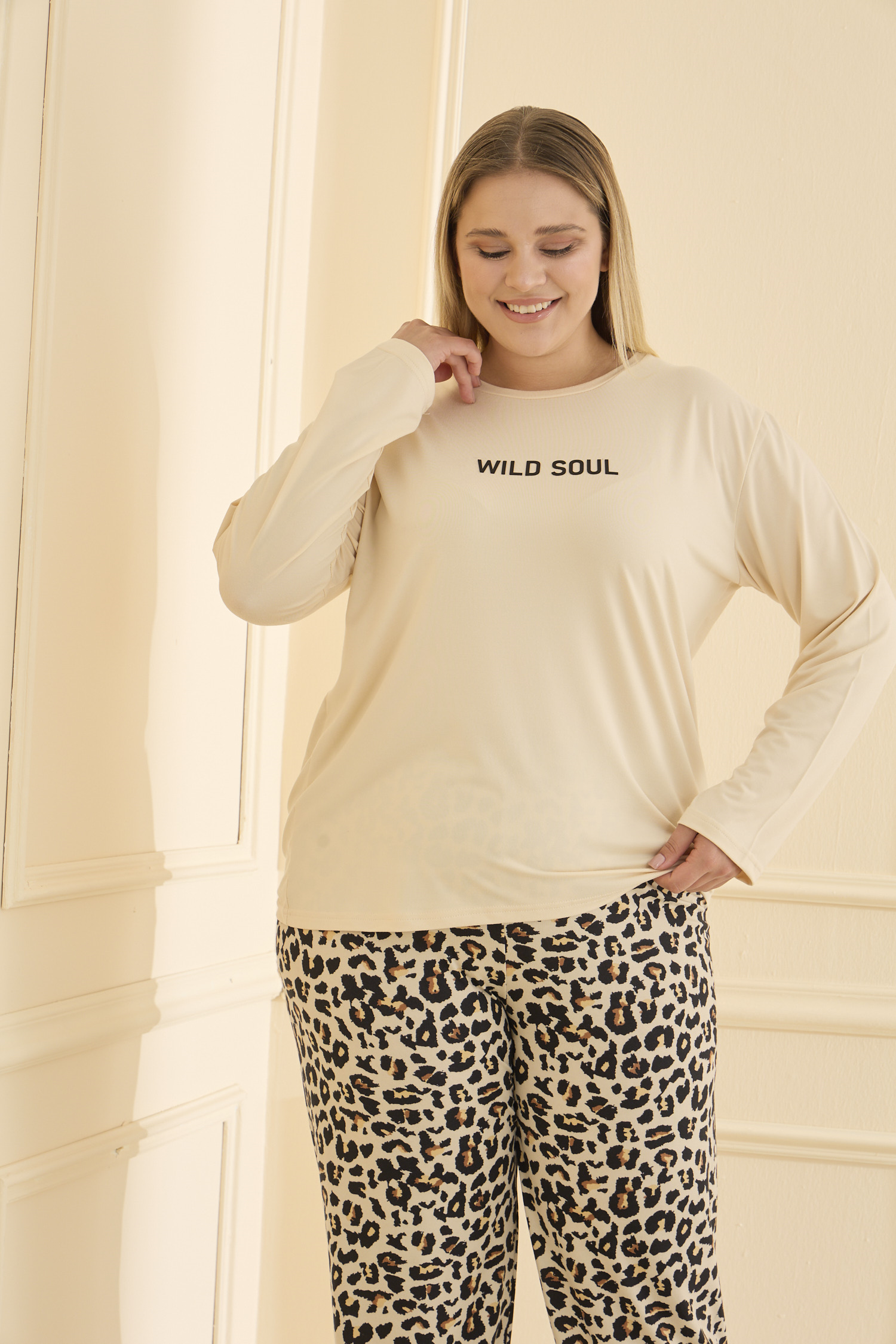 Uzun Kol Battal Ekru Pijama Takımı 50802