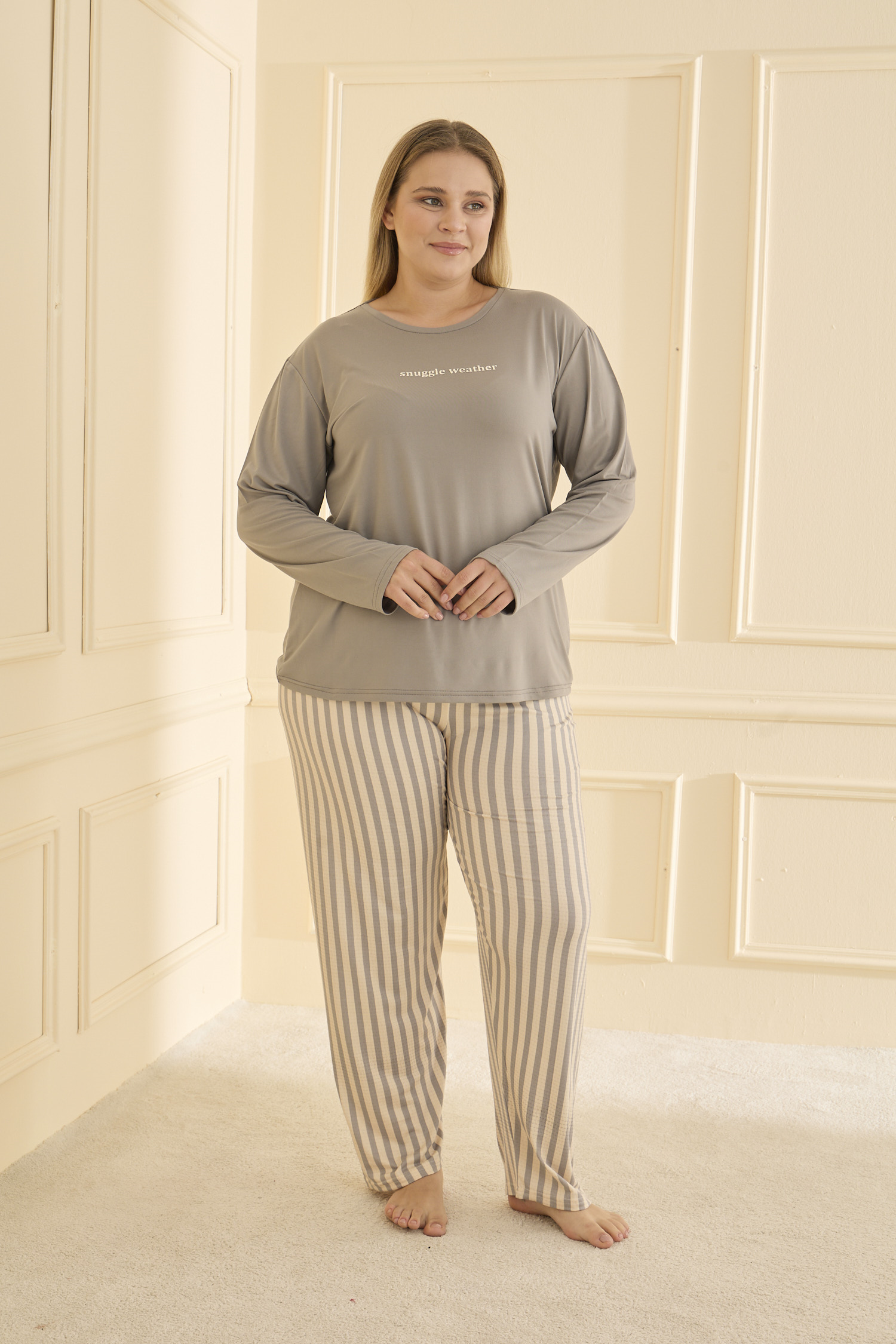 Uzun Kol Battal Gri Pijama Takımı 50802