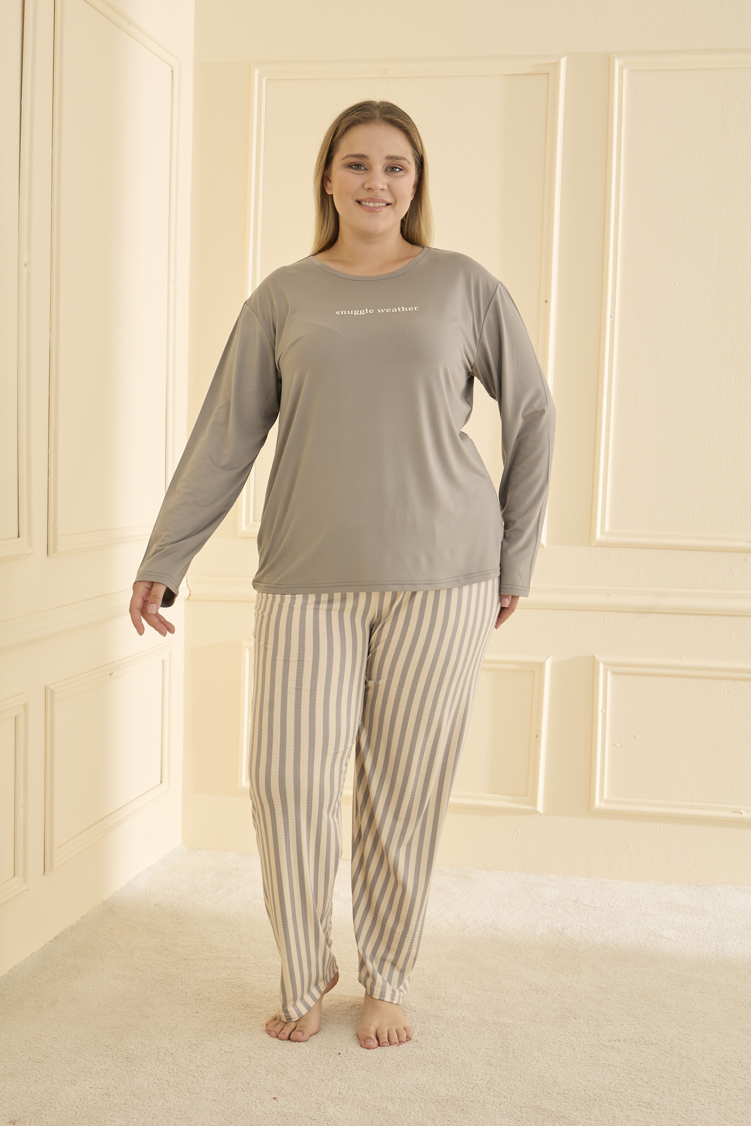 Uzun Kol Battal Gri Pijama Takımı 50802