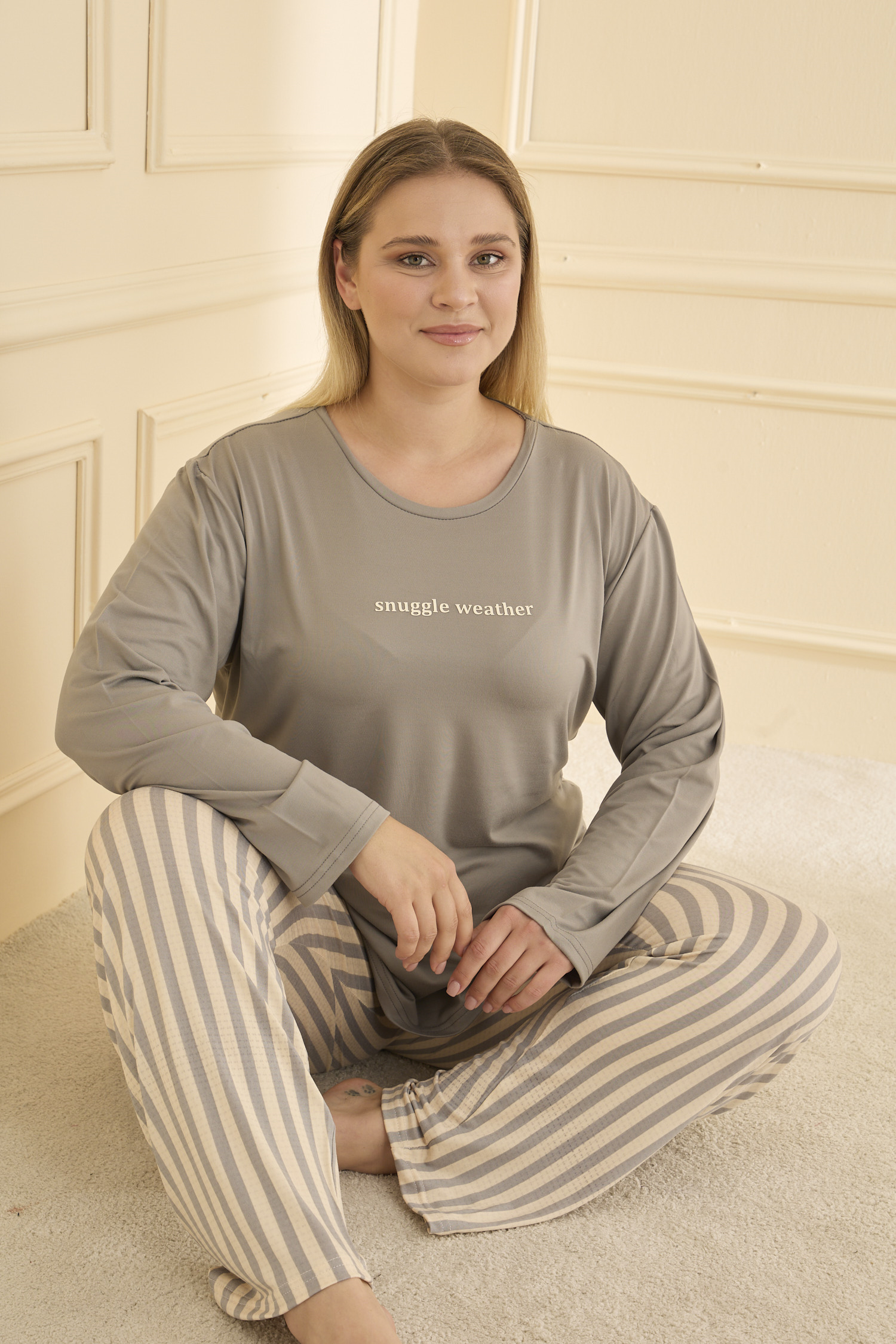 Uzun Kol Battal Gri Pijama Takımı 50802