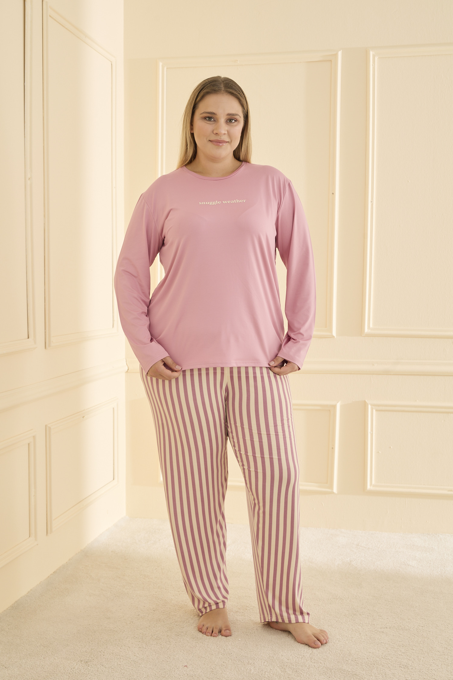 Uzun Kol Battal Pudra Pijama Takımı 50802