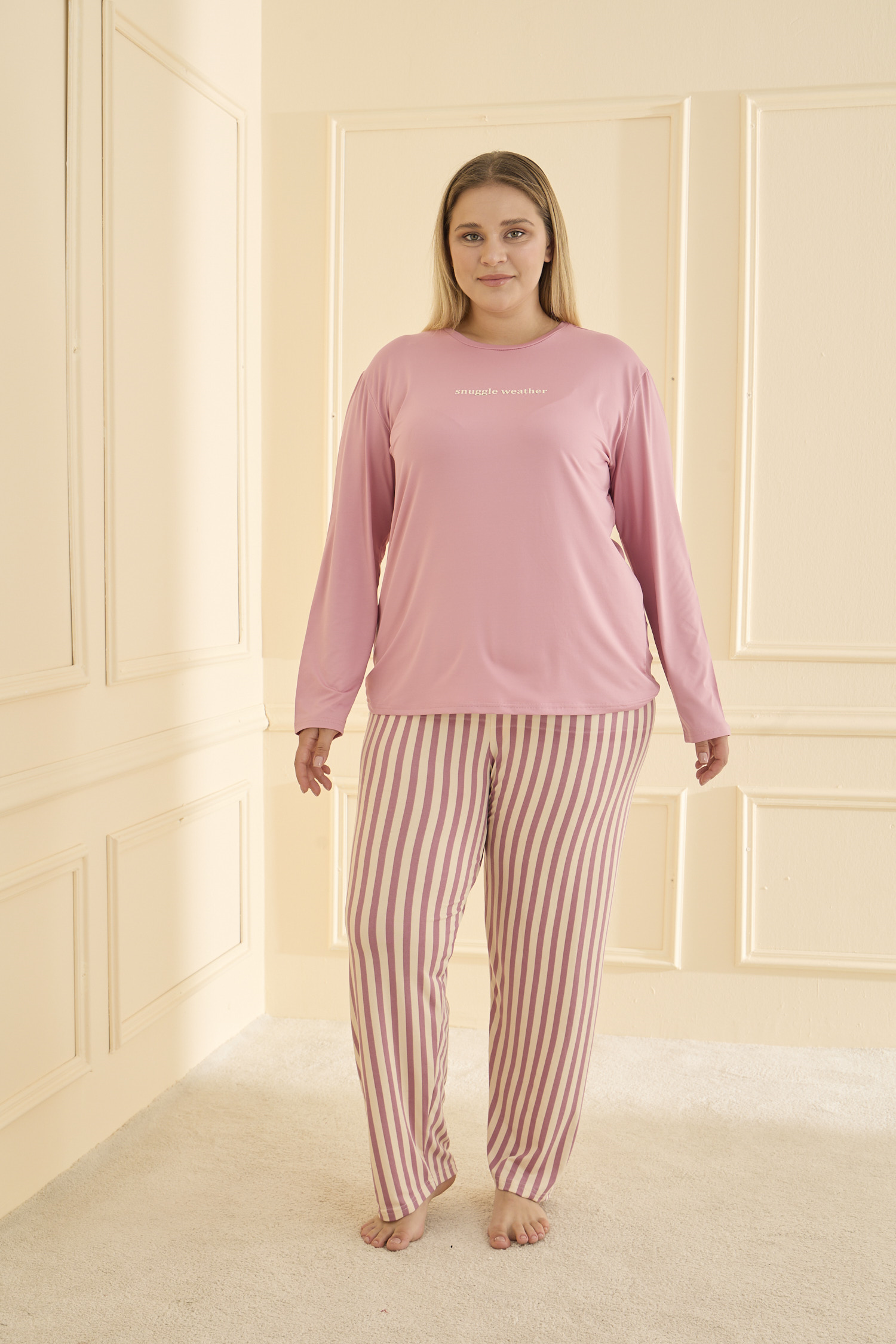 Uzun Kol Battal Pudra Pijama Takımı 50802