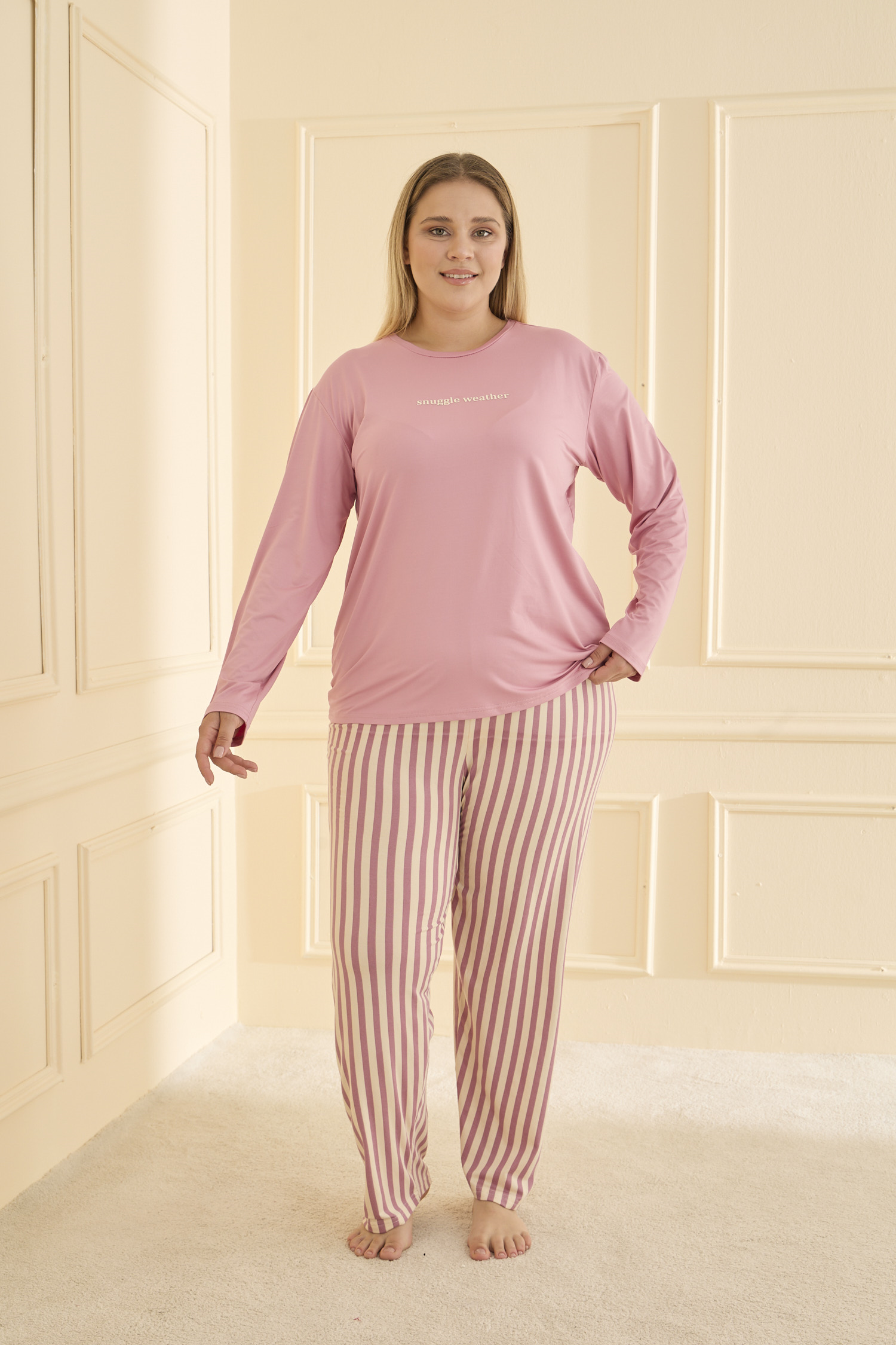 Uzun Kol Battal Pudra Pijama Takımı 50802