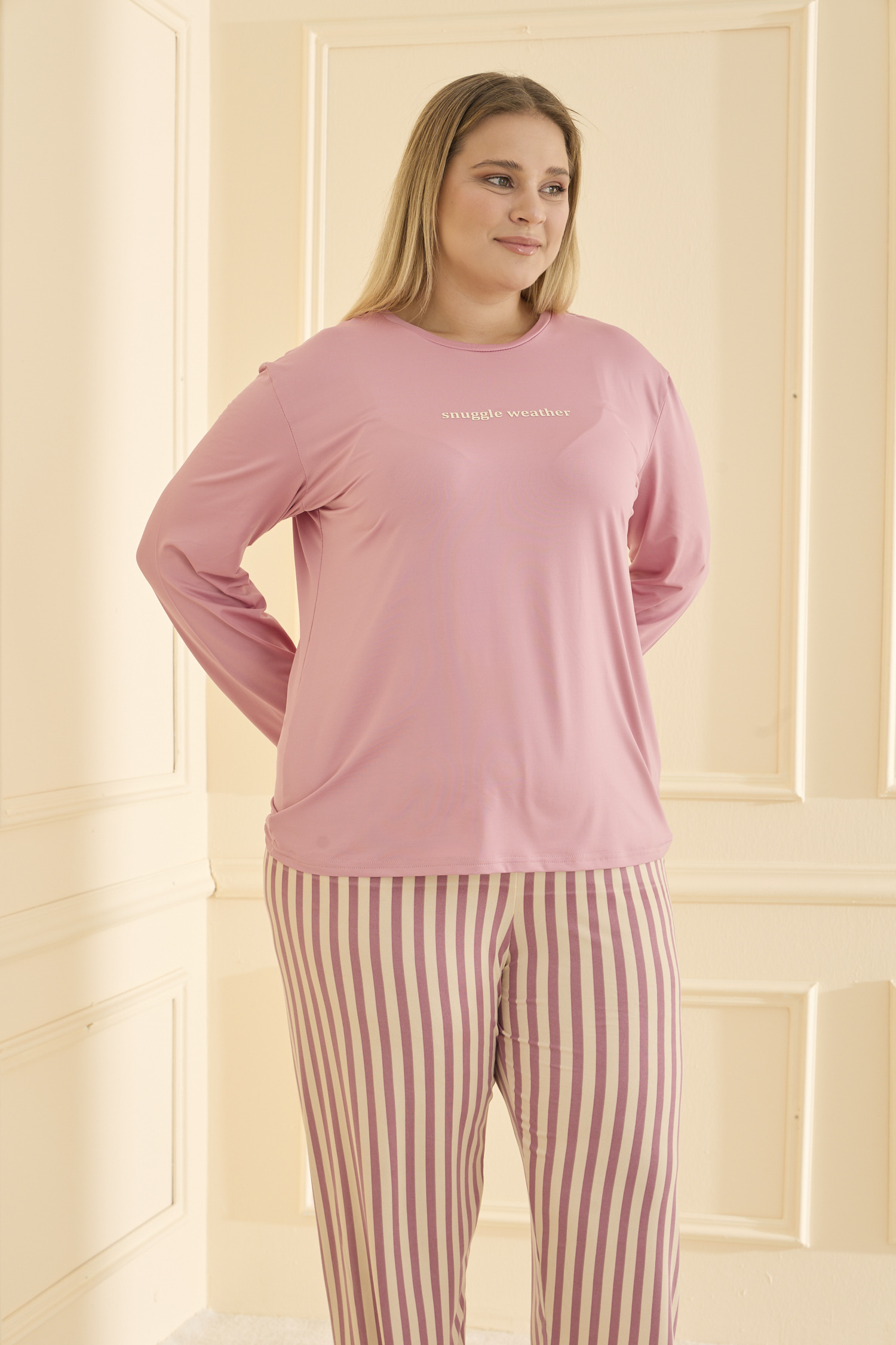 Uzun Kol Battal Pudra Pijama Takımı 50802