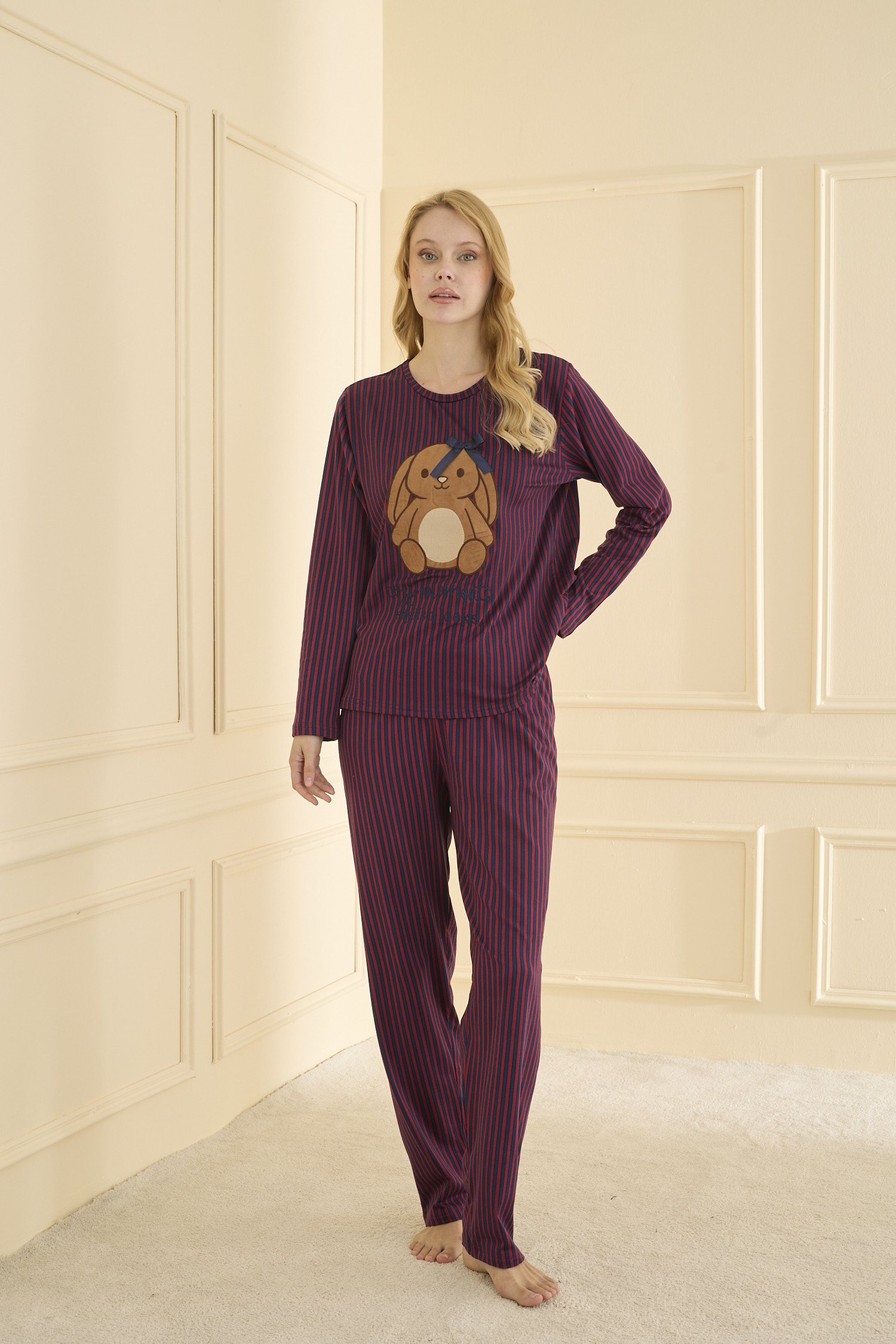 Uzun kol Bordo Pİjama Takımı 19104