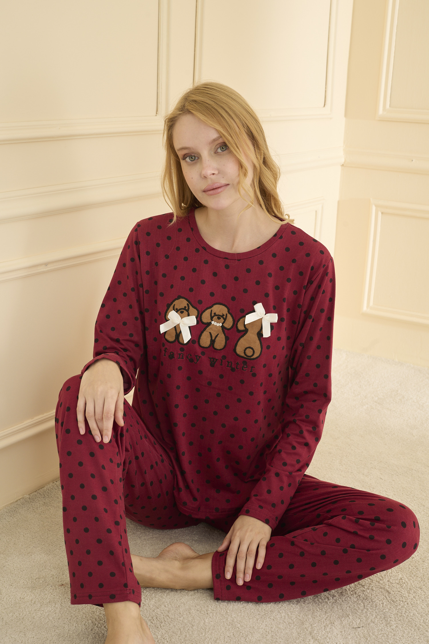 Uzun kol Bordo Pİjama Takımı 19104