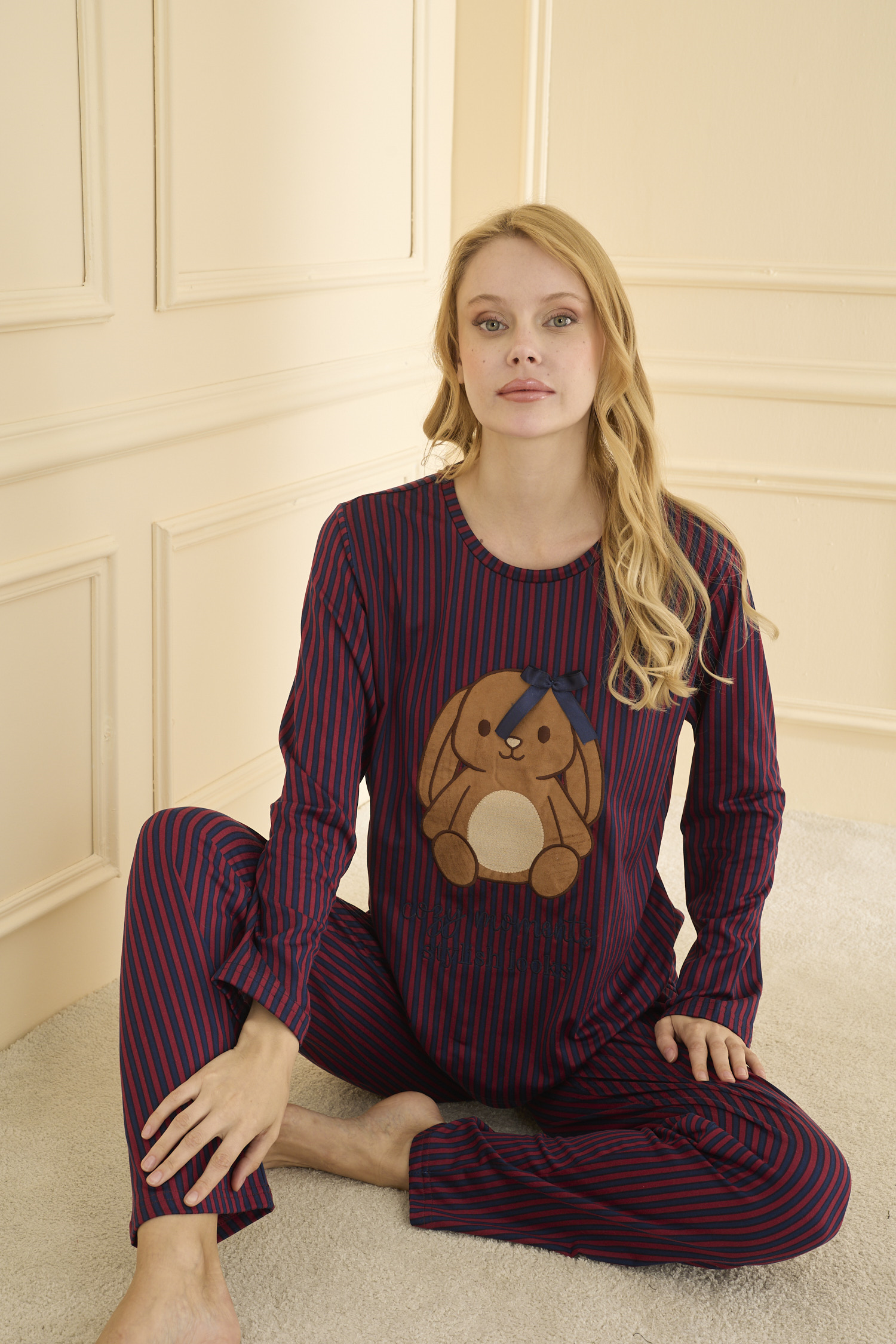 Uzun kol Bordo Pİjama Takımı 19104