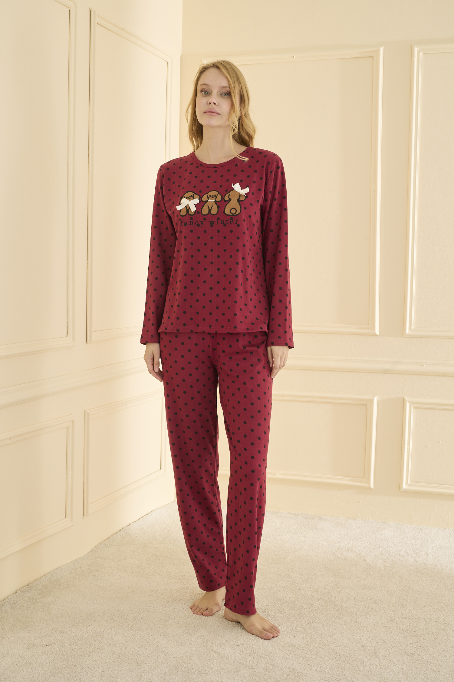 Uzun kol Bordo Pİjama Takımı 19104