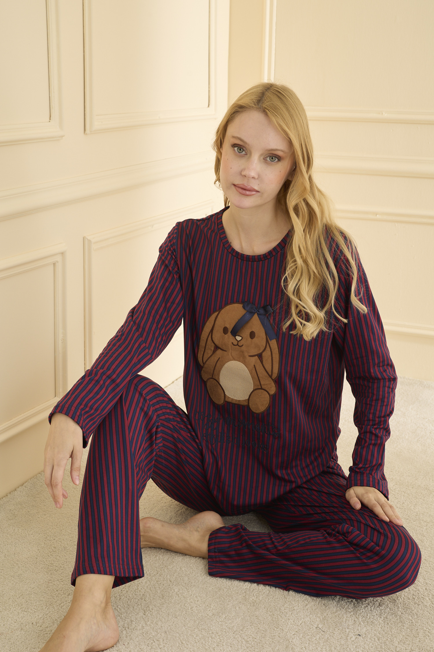 Uzun kol Bordo Pİjama Takımı 19104