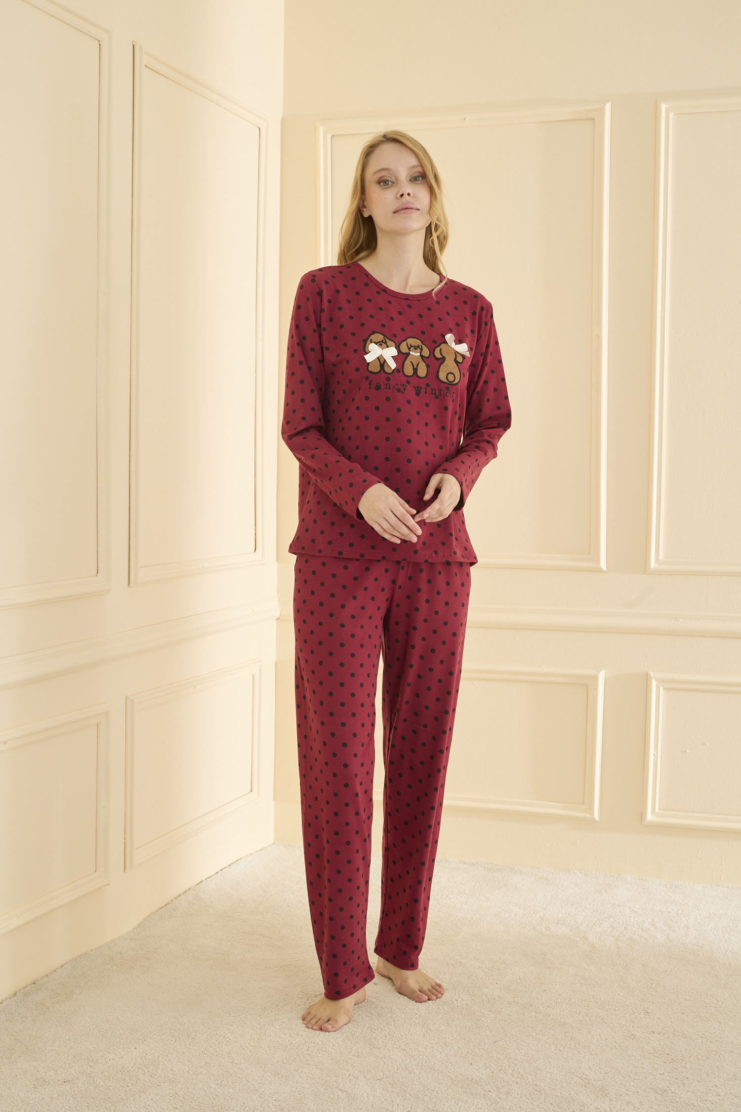 Uzun kol Bordo Pİjama Takımı 19104