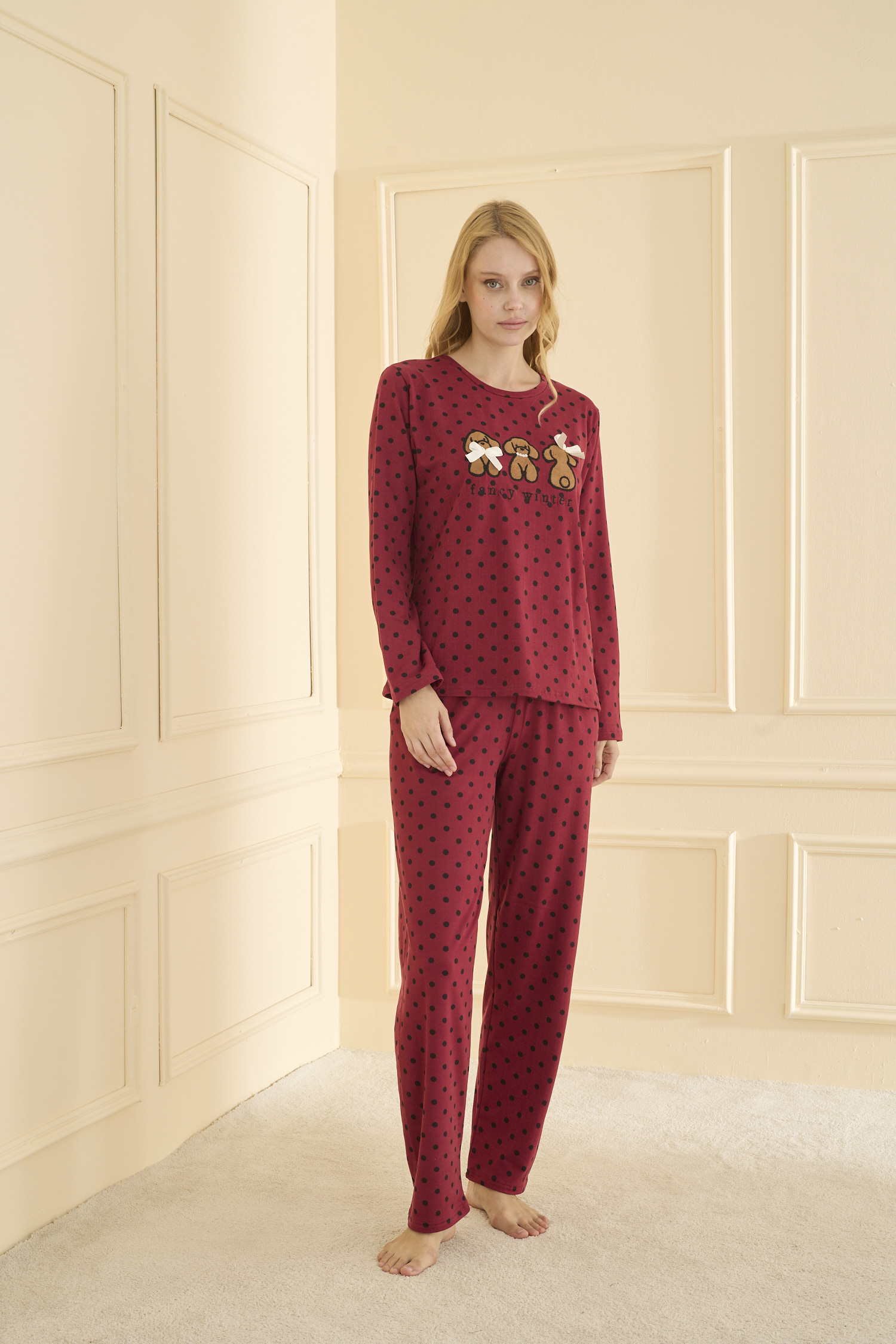 Uzun kol Bordo Pİjama Takımı 19104