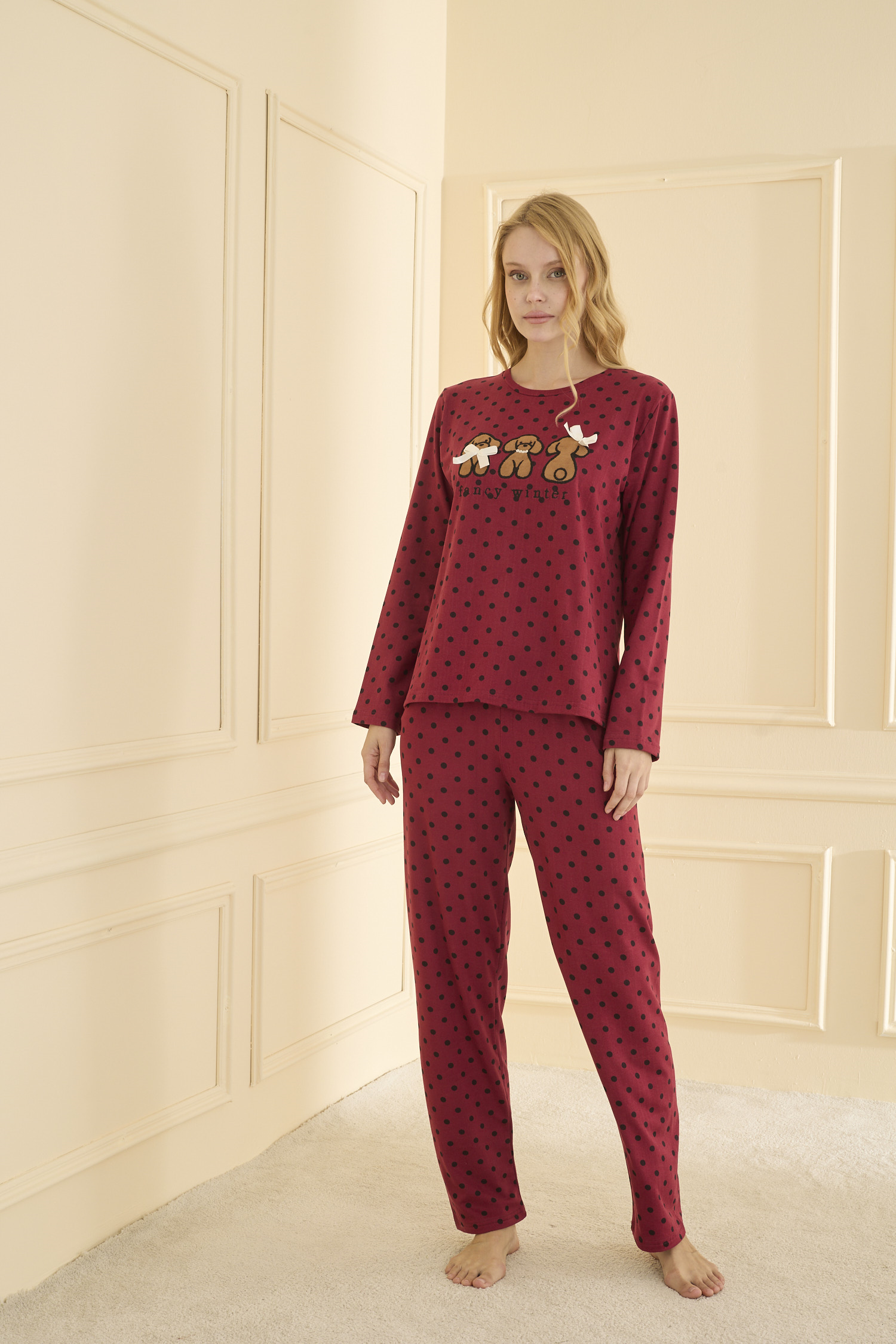 Uzun kol Bordo Pİjama Takımı 19104