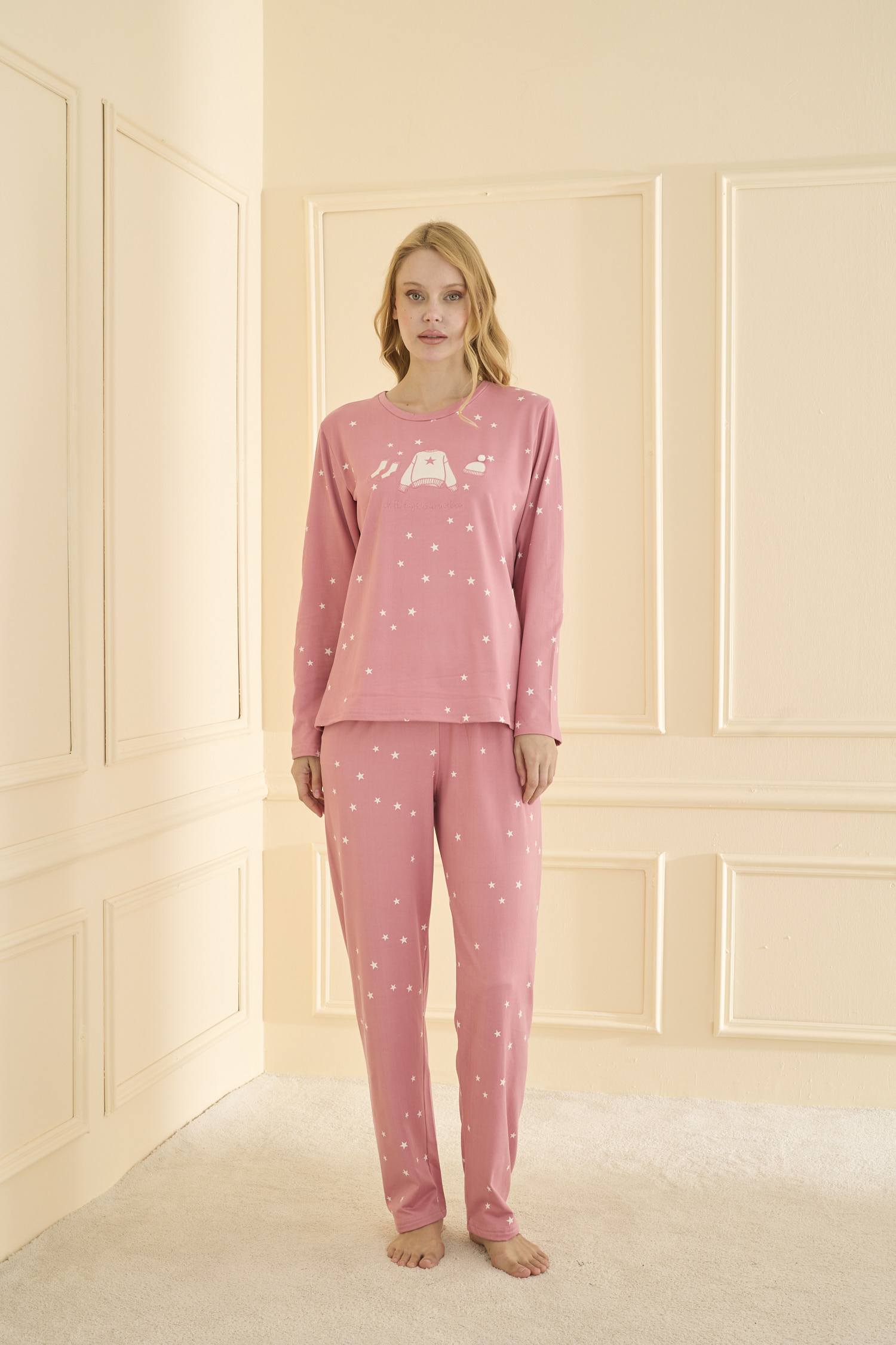 Uzun kol Pudra Pİjama Takımı 19104