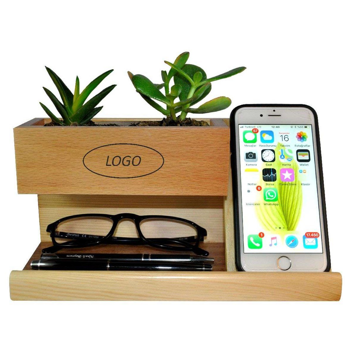 Larte Masif Çam Çiçeklik Kalemlik & Telefon Desk