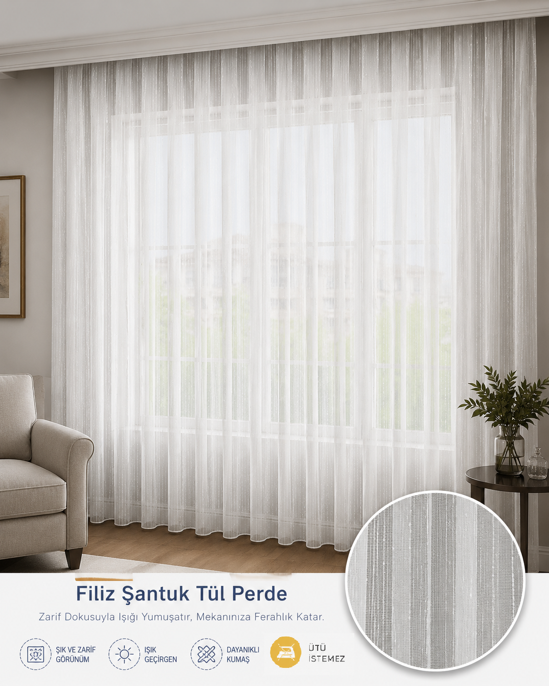 Tül PerdeARBENEVORAHİLAL TEKSTİL VE DERİ ÜRÜNLERİ GIDA SAN. TİC. LTD. ŞTİ.ARBEN CONCEPT FİLİZ ŞANTUKLU DÜZ ARMÜR TÜL PERDE
