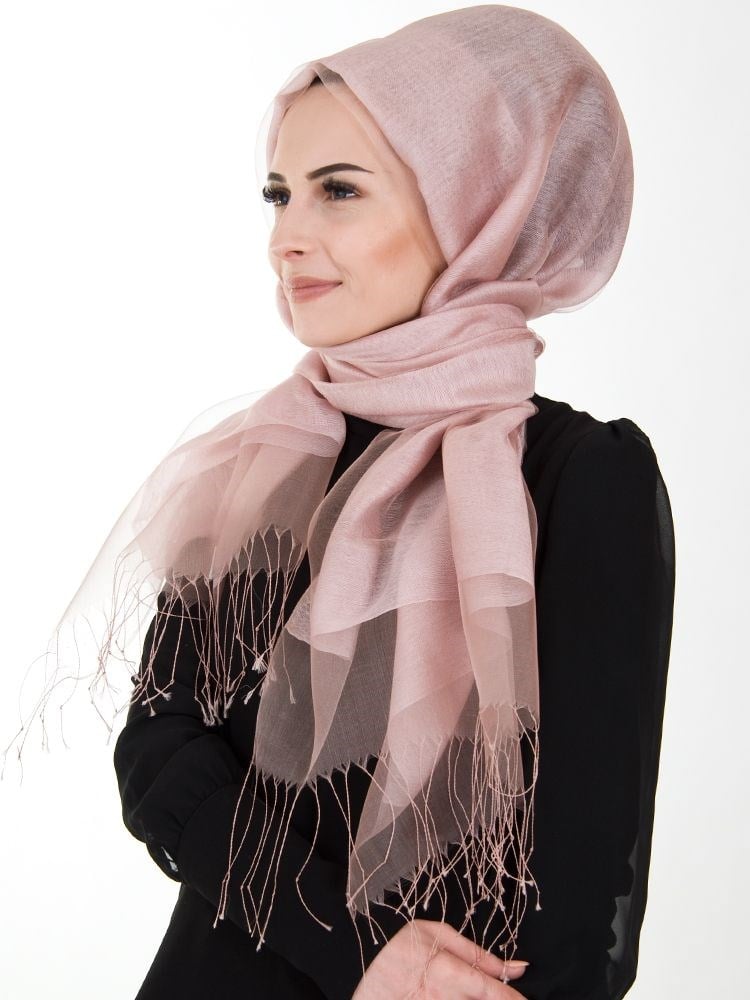 Armanda Çift Katlı Tül-İpek Şal Gül Kurusu
