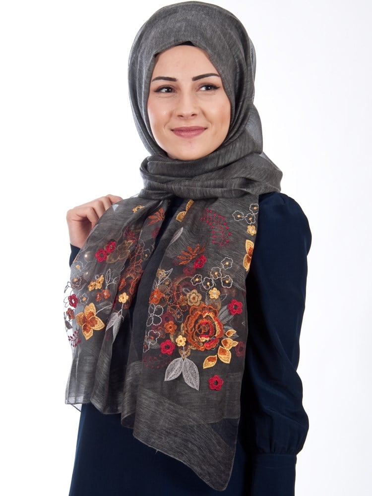 Armanda Nakışlı İpekli Şal Koyu Gri