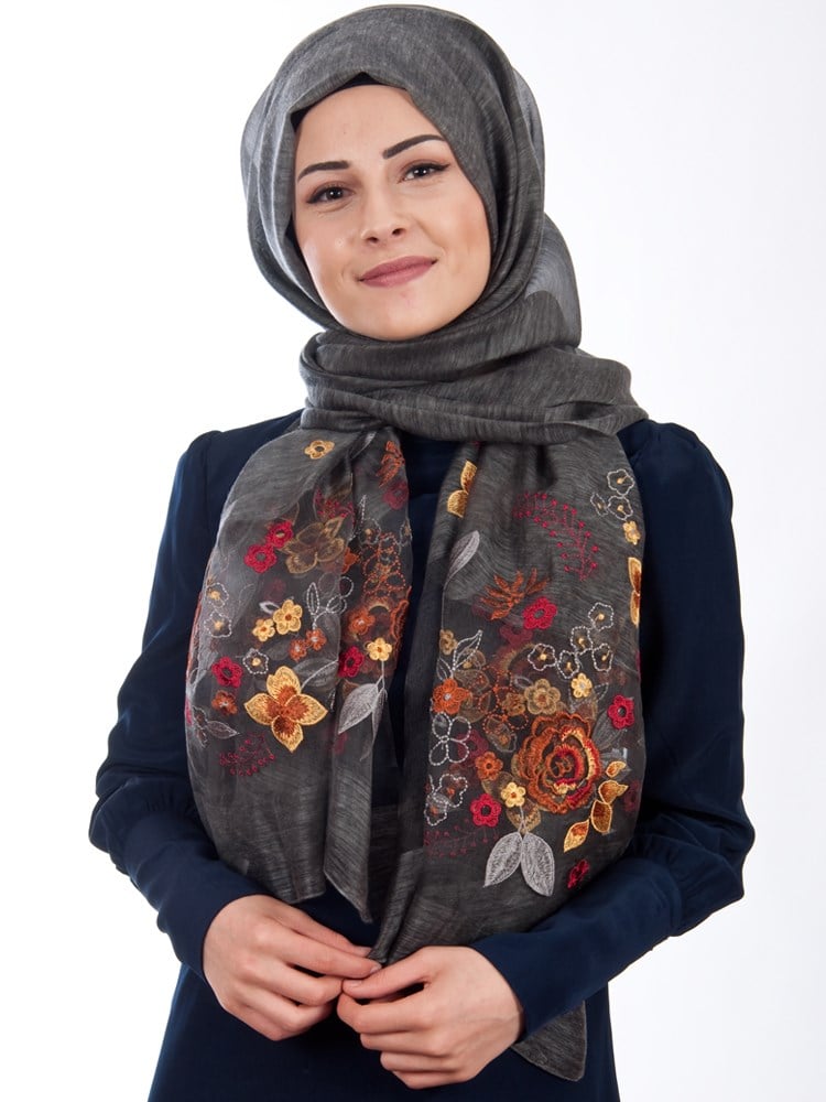 Armanda Nakışlı İpekli Şal Koyu Gri
