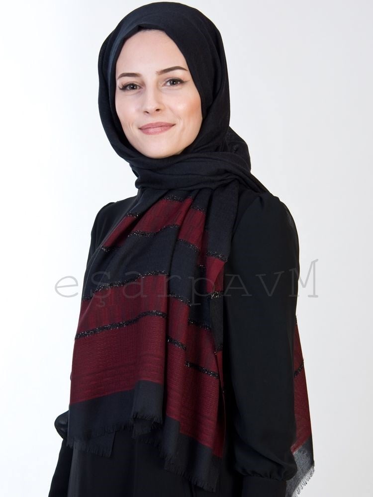 Balse Uçları Desenli Pamuksu Şal Siyah-Bordo