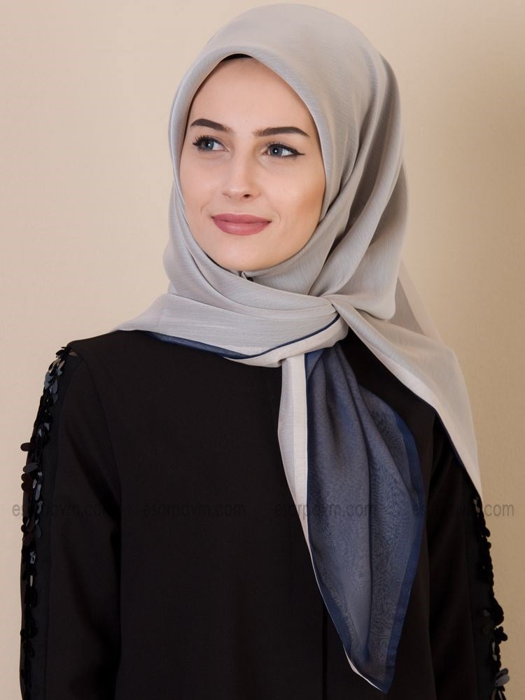 First Lady Çift Katlı Şifon Eşarp Krem-Lacivert