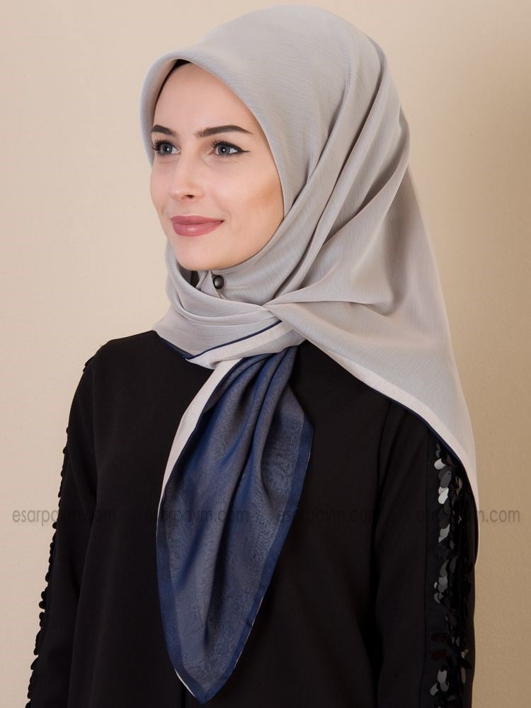 First Lady Çift Katlı Şifon Eşarp Krem-Lacivert