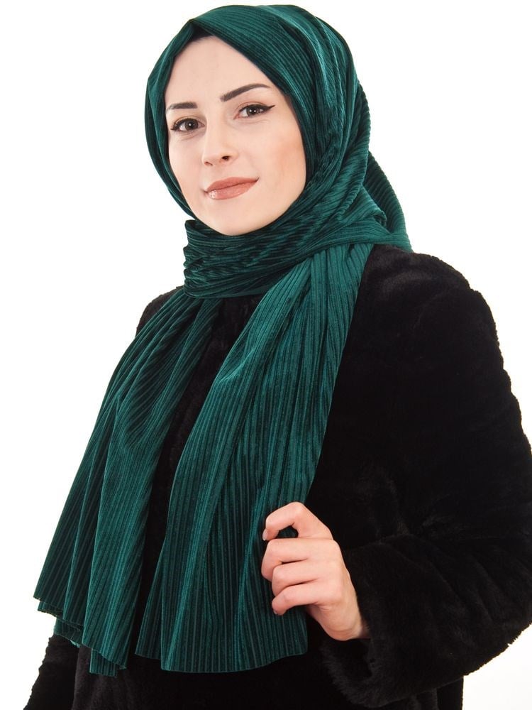Kadife Pliseli Şal Zümrüt Yeşili